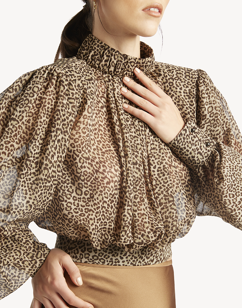 Leopard Print High Neck Pleated Blouse