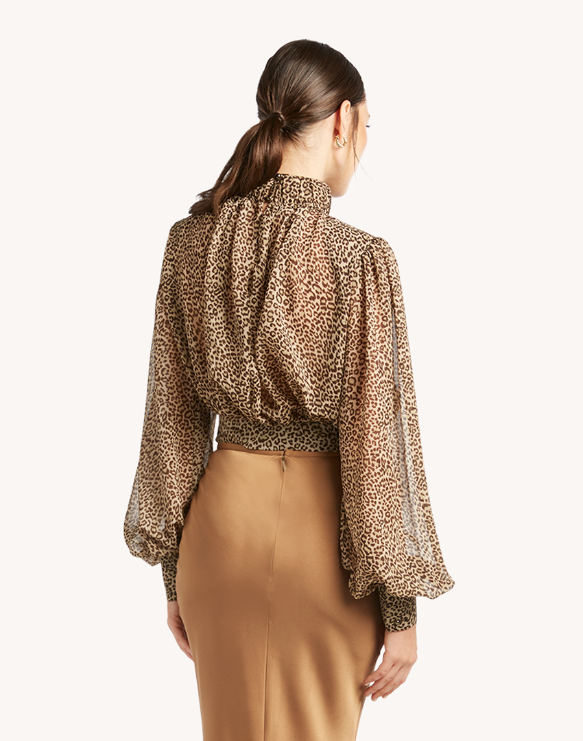 Leopard Print High Neck Pleated Blouse