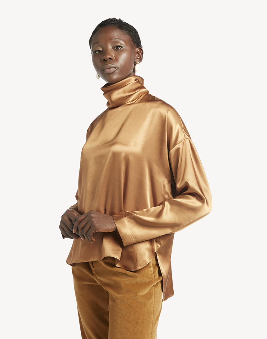 Satin High Neck Blouse - Burnt Gold