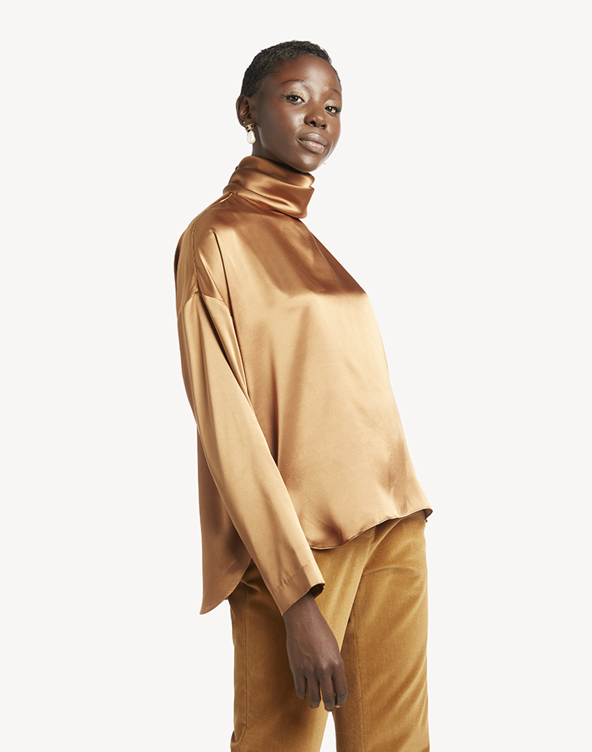 Satin High Neck Blouse - Burnt Gold