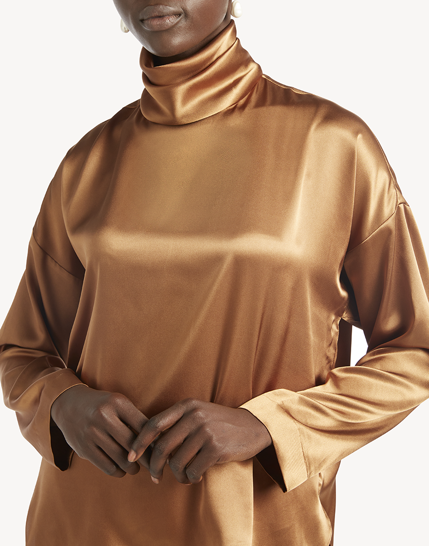 Satin High Neck Blouse - Burnt Gold