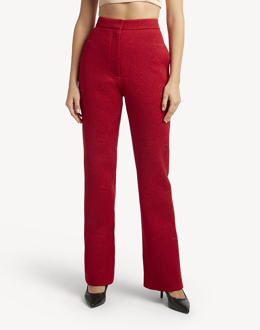 Butterfly Embroidered Trousers- Red