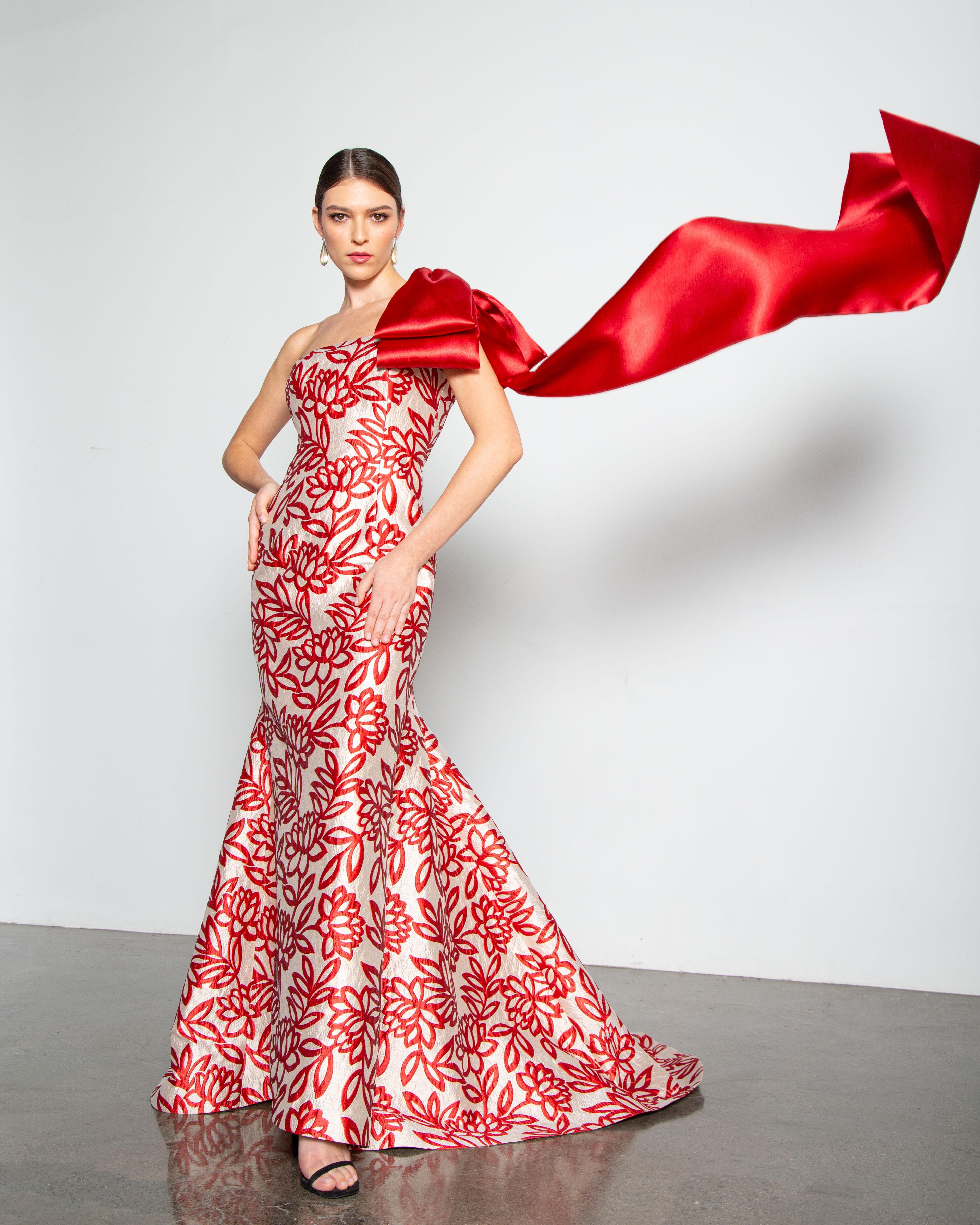Metallic Jacquard One-Shoulder Bow Gown