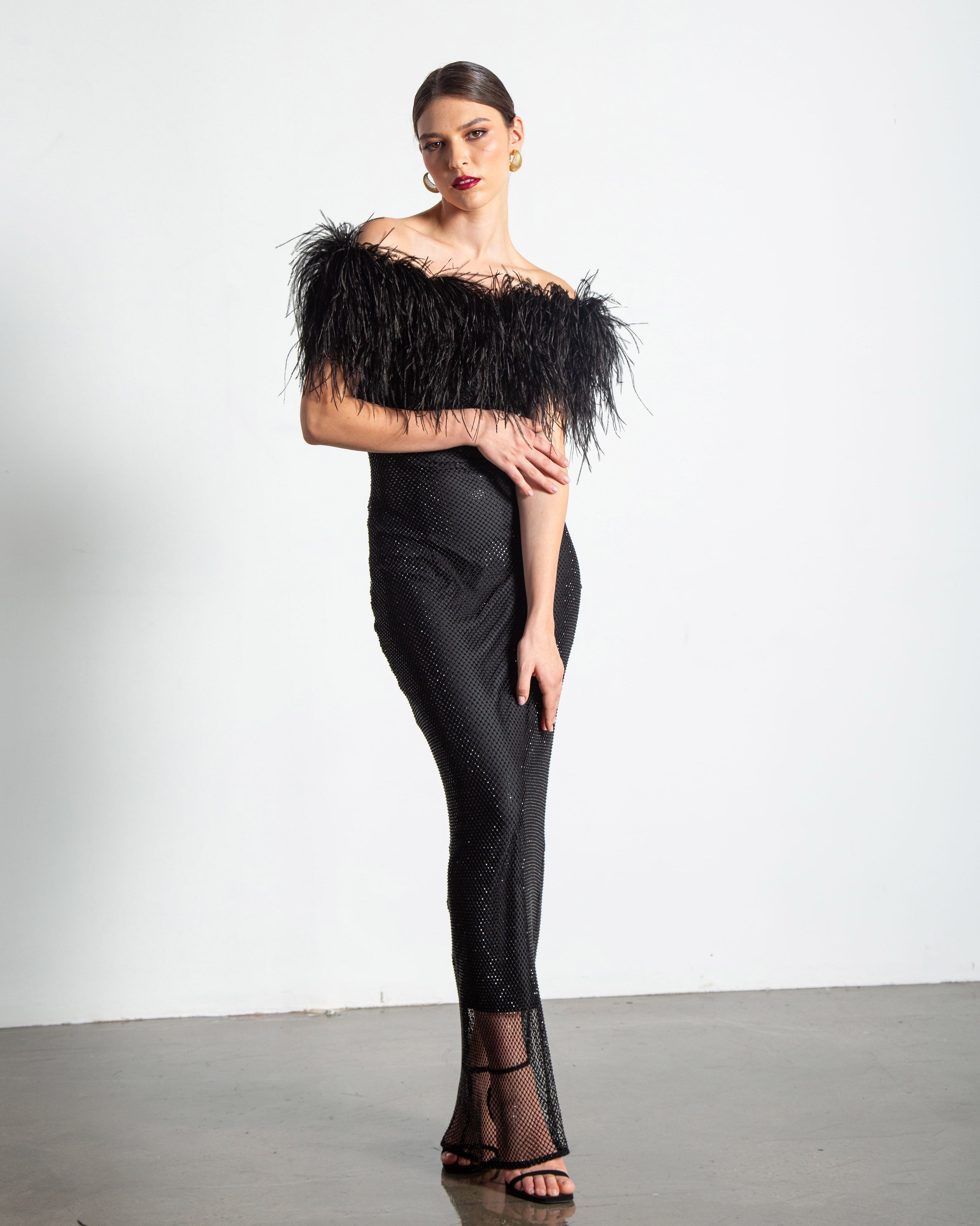 Crystal Embellished Feather Off Shoulder Maxi Dress