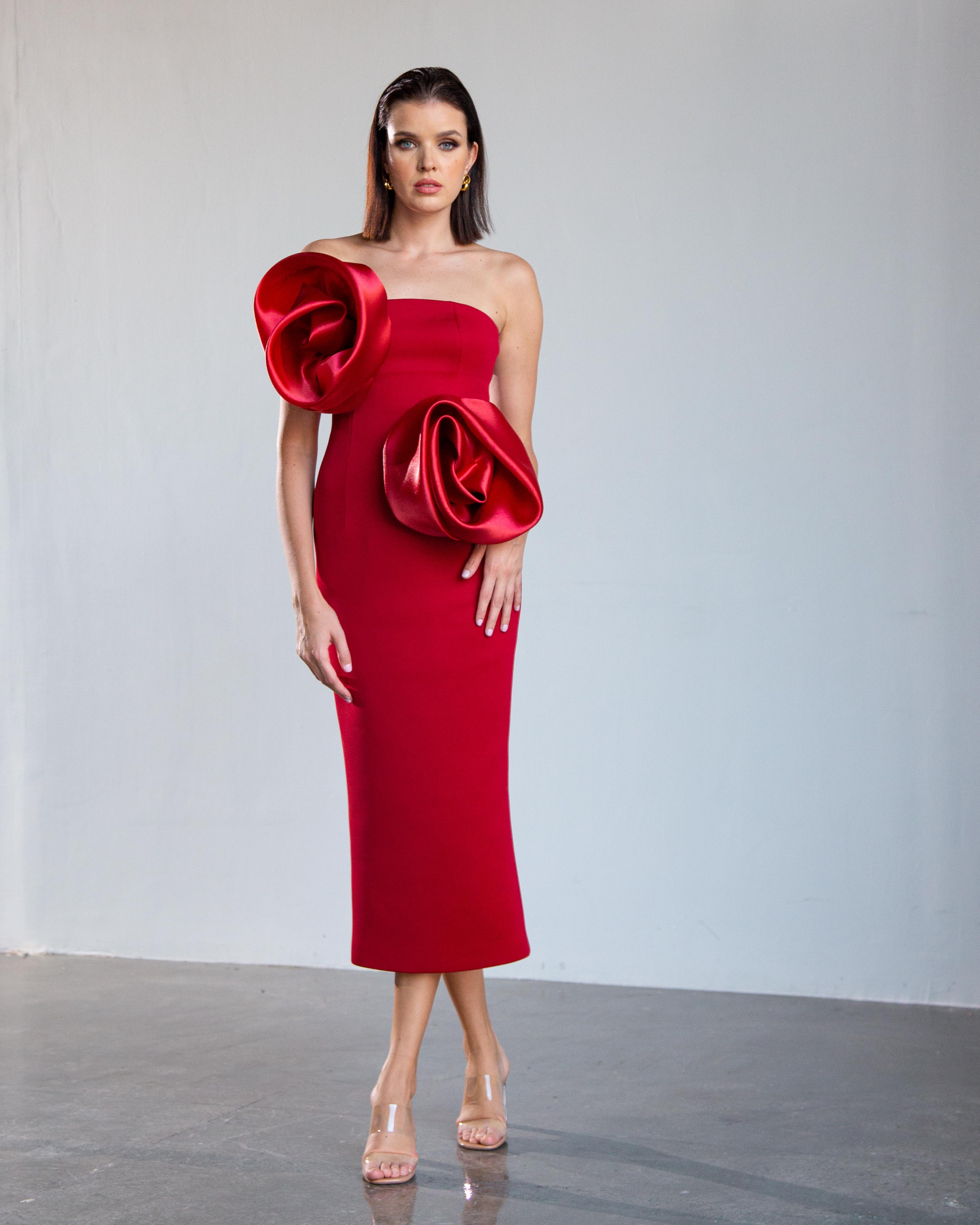 Deux Roses Strapless Midi Dress - Cherry Red
