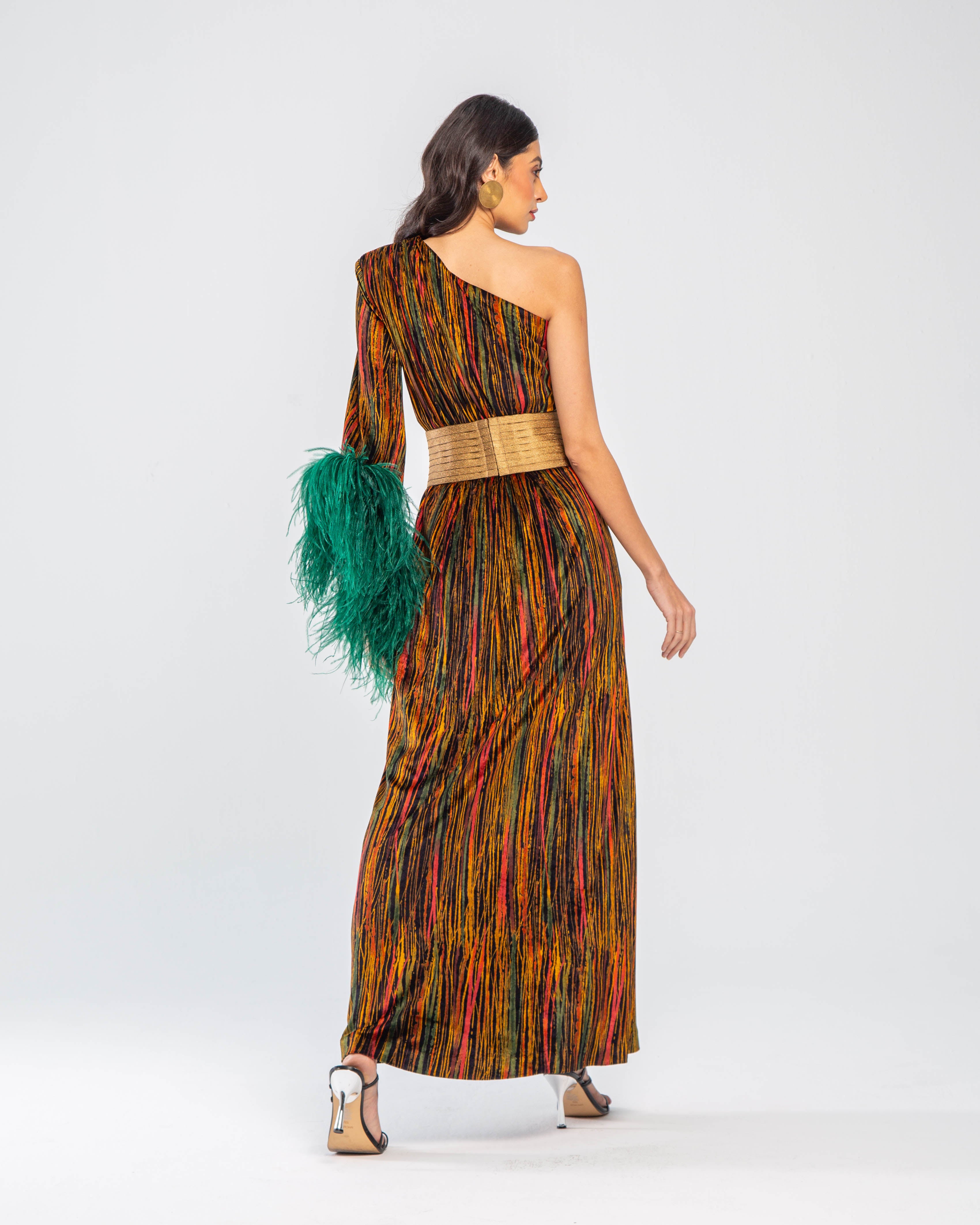 Autumn Rain Velvet One-shoulder Feather Maxi Dress