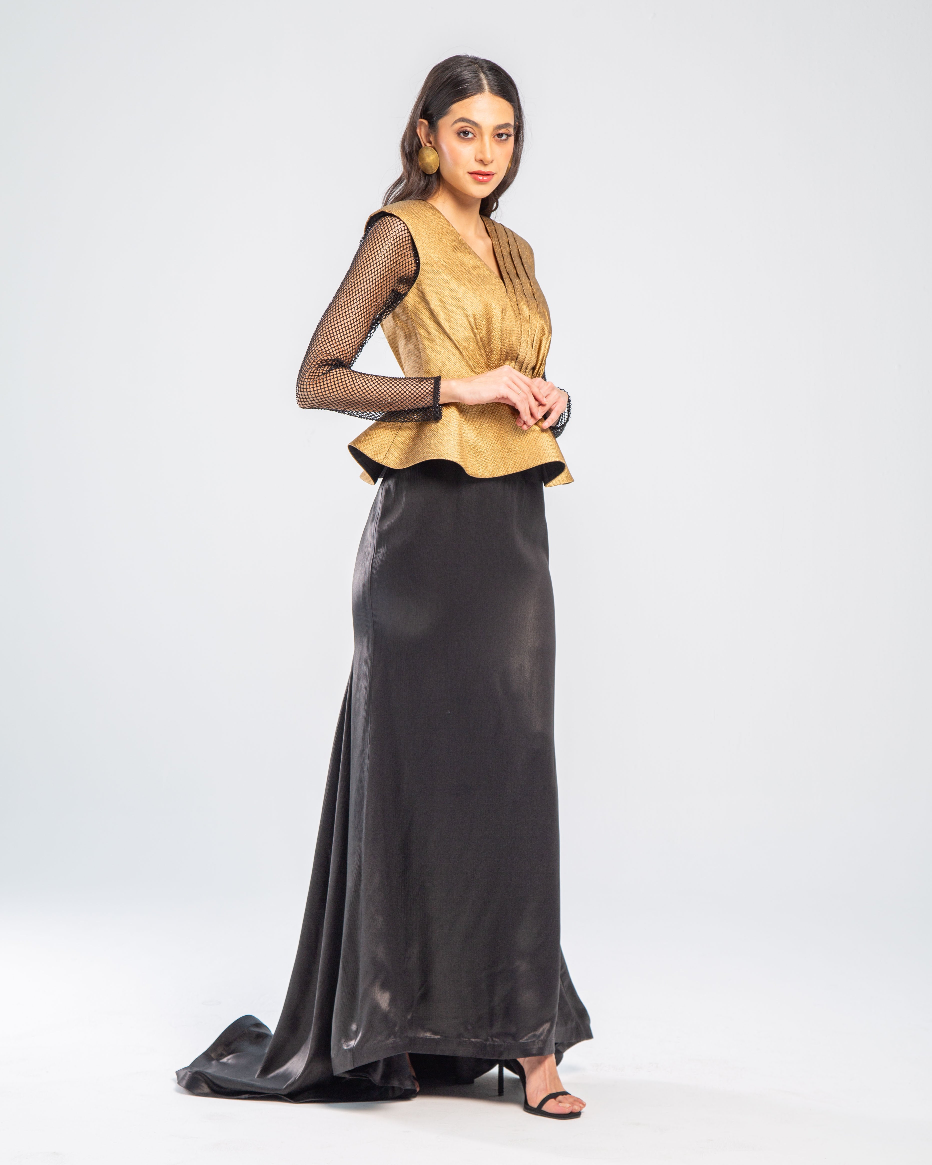 Crystal Embellished Long Sleeved Peplum Gown