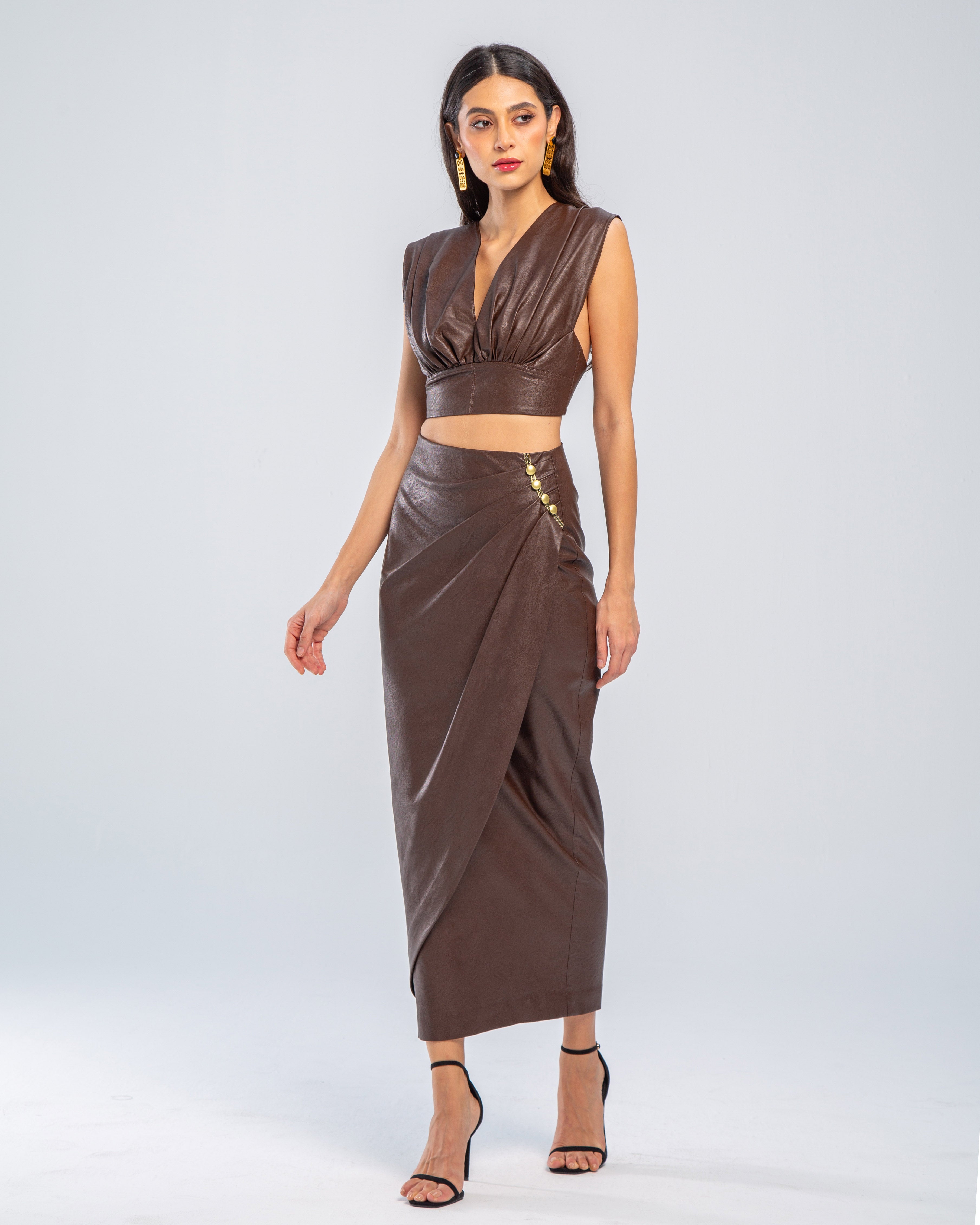 Faux Leather Pleated-Front Pencil Skirt