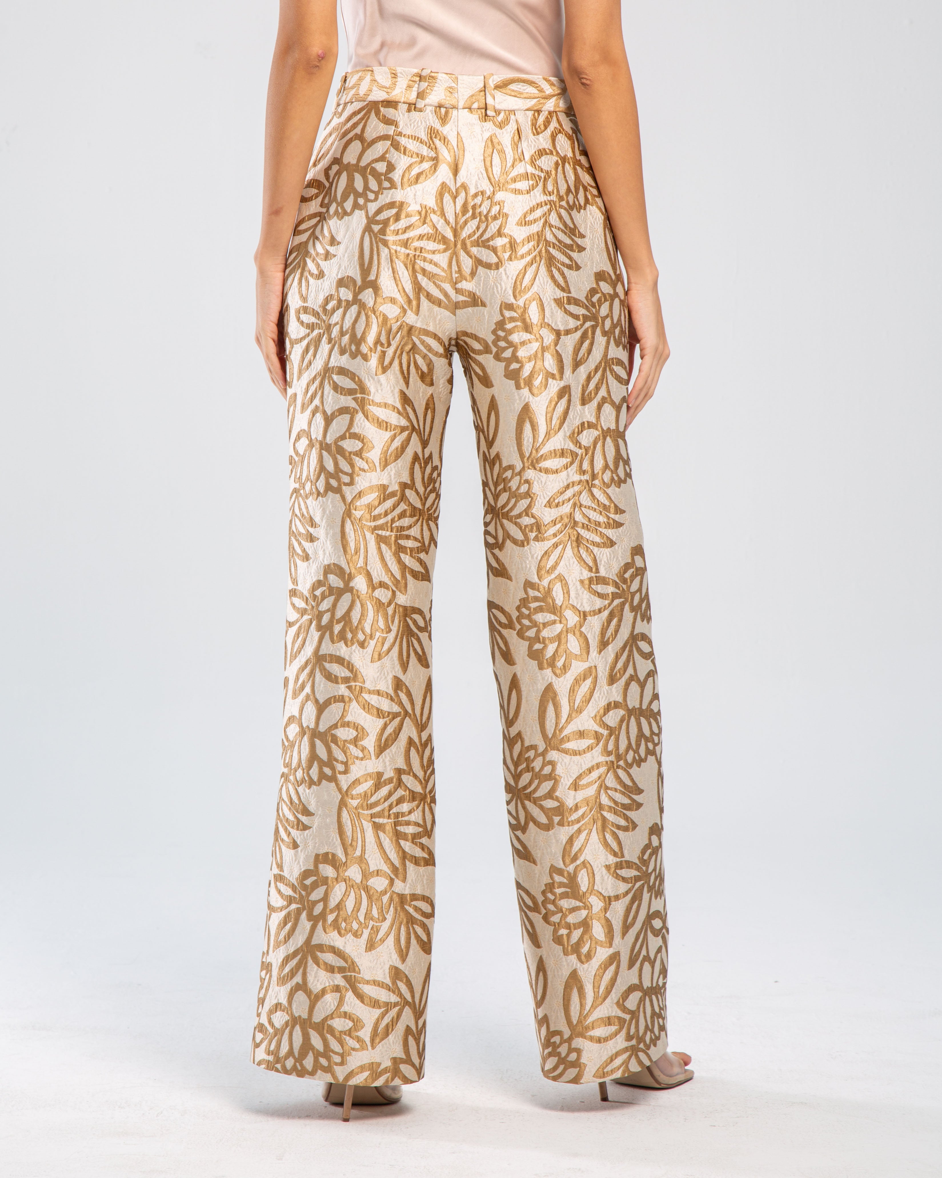 Metallic Jacquard Floral High-Waisted Trousers