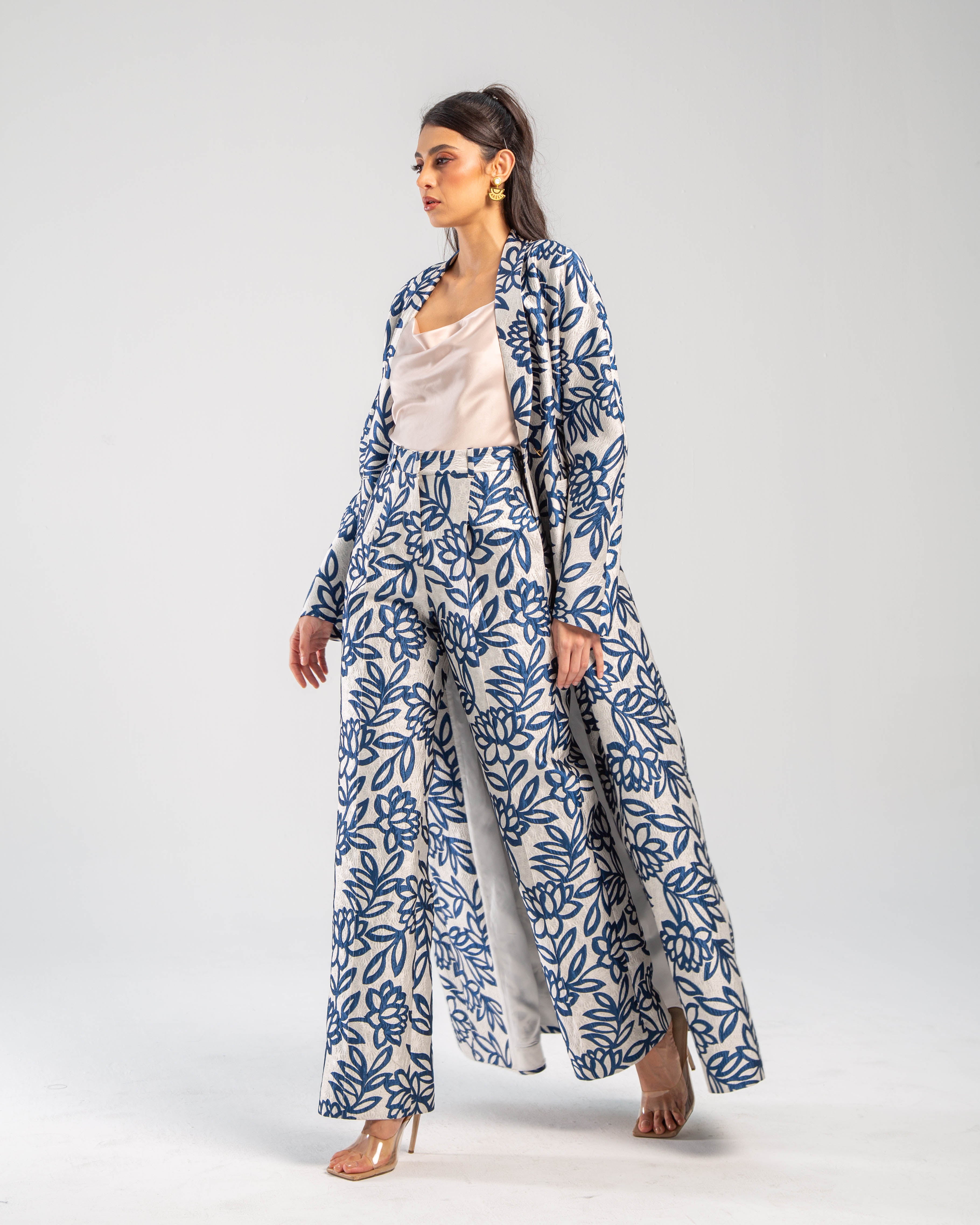 Metallic Jacquard Floral High-Waisted Trousers