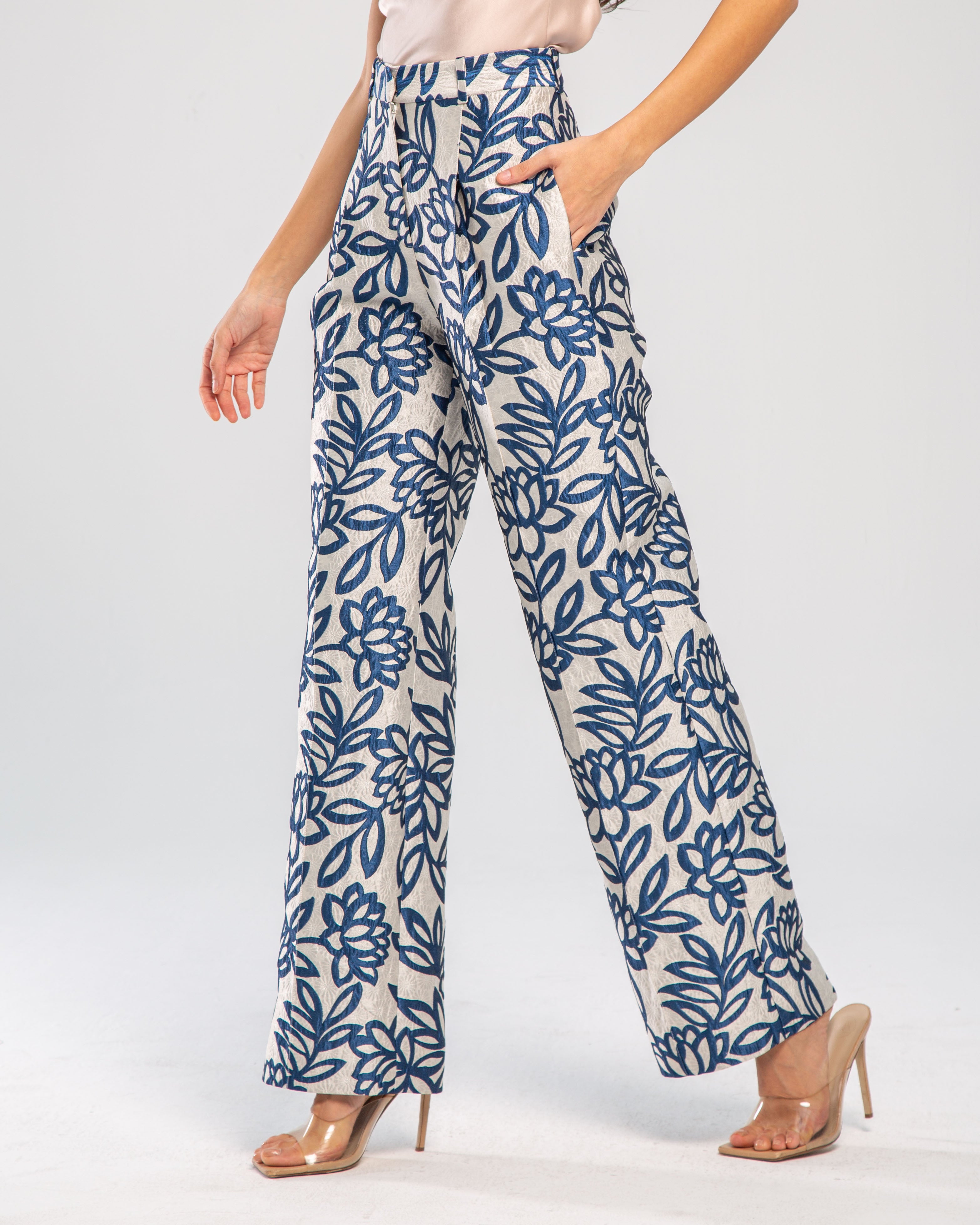 Metallic Jacquard Floral High-Waisted Trousers