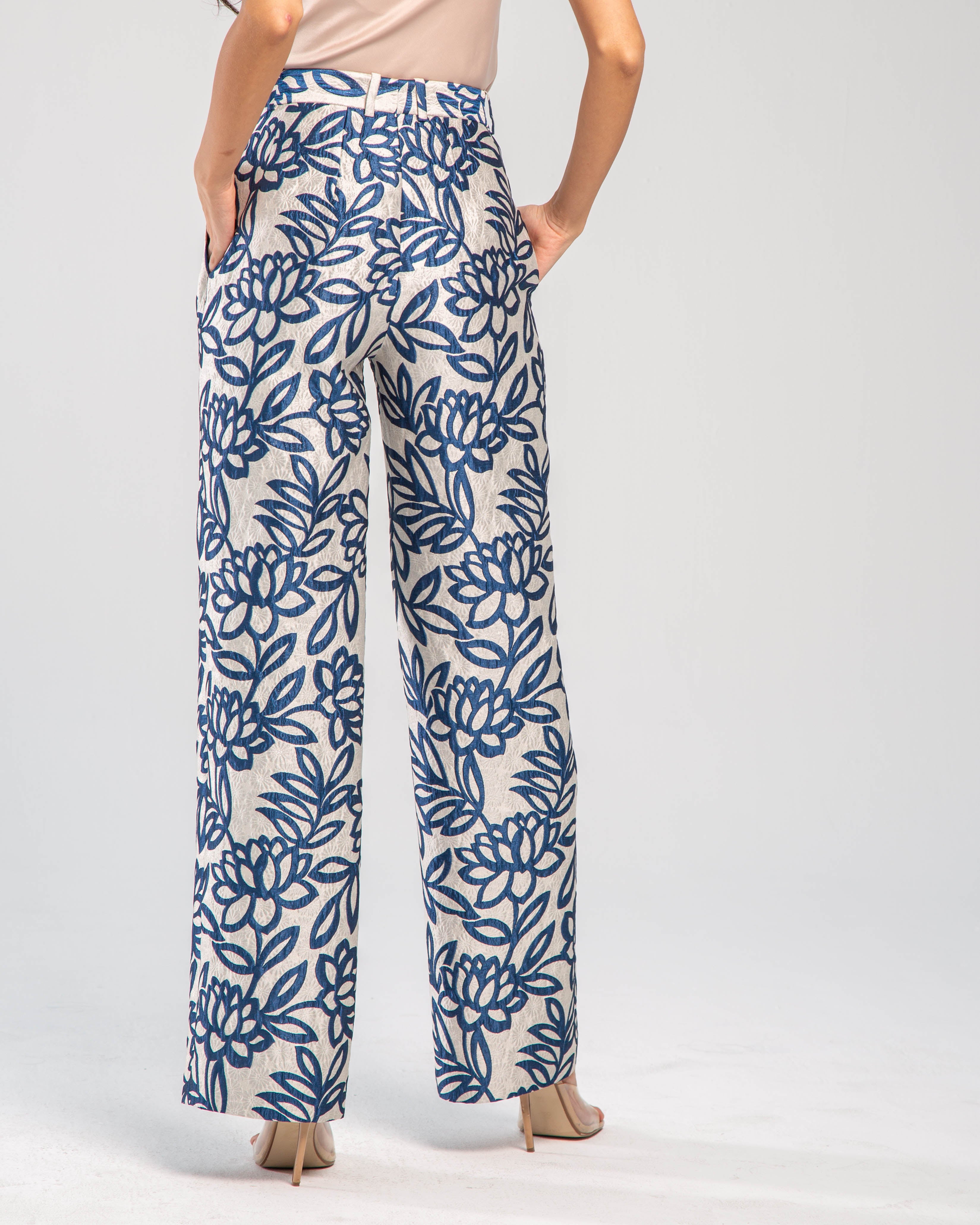 Metallic Jacquard Floral High-Waisted Trousers