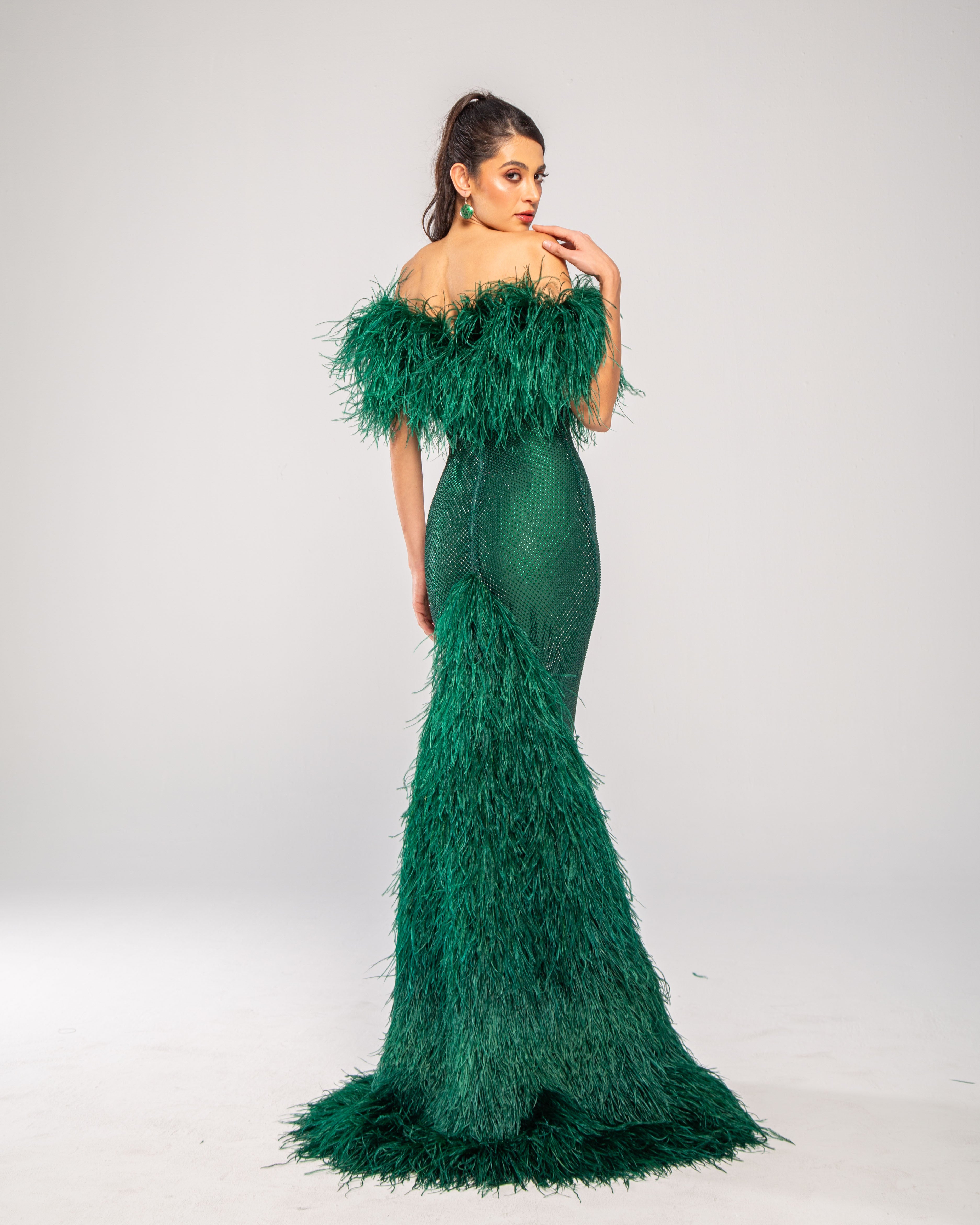 Stellar Crystal Embellished Feather-Trim Maxi Gown