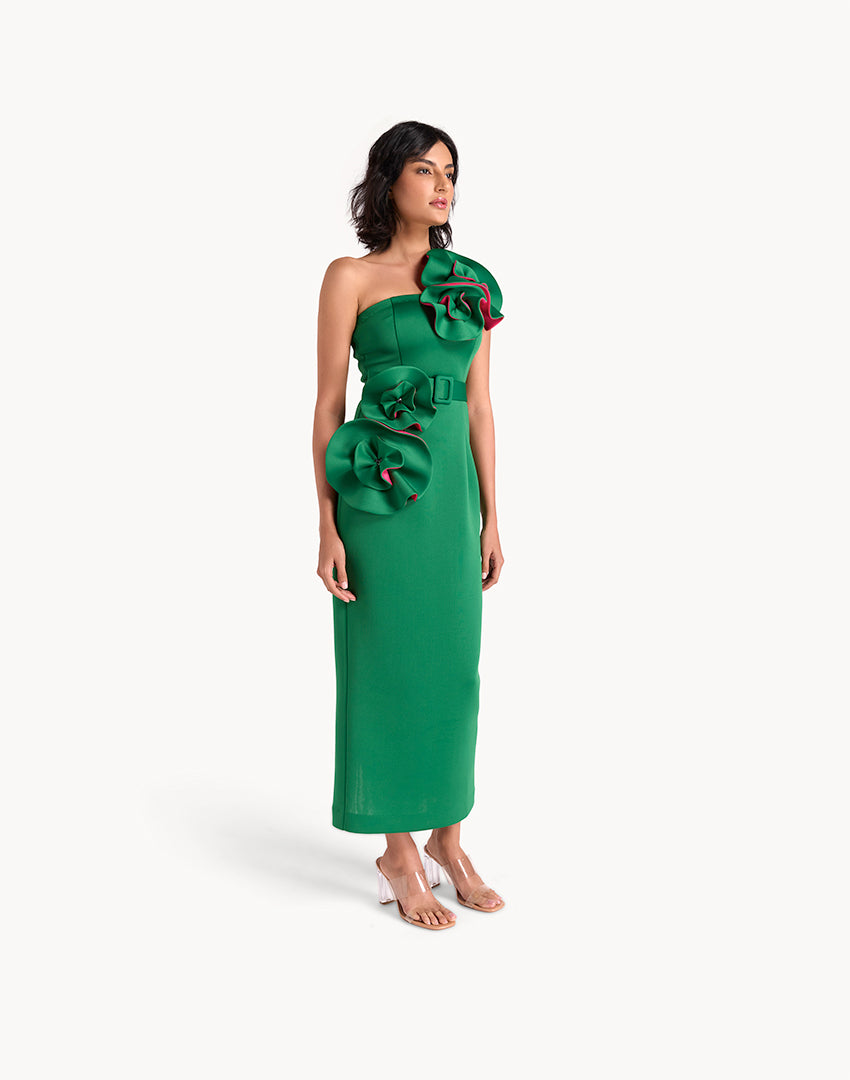 Floral Appliqué Pencil Belted Midi Dress