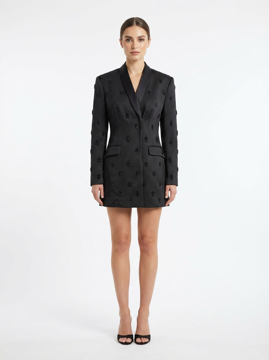 Bead Embellished Tuxedo Mini Dress