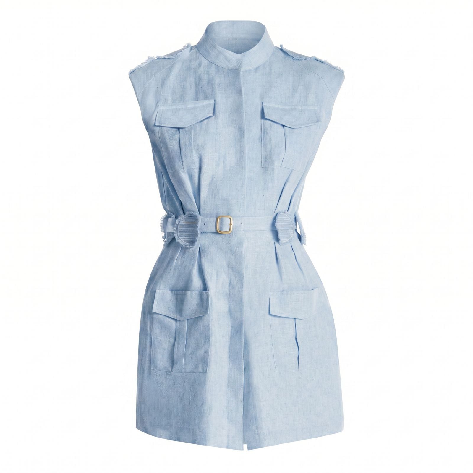 Hemp Mandarin Collar Sleeveless Safari Jacket