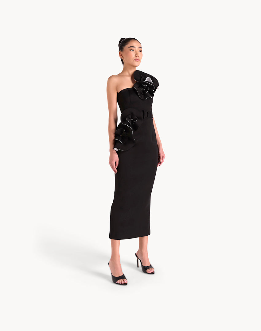 Floral Appliqué Belted Pencil Midi Dress- Black