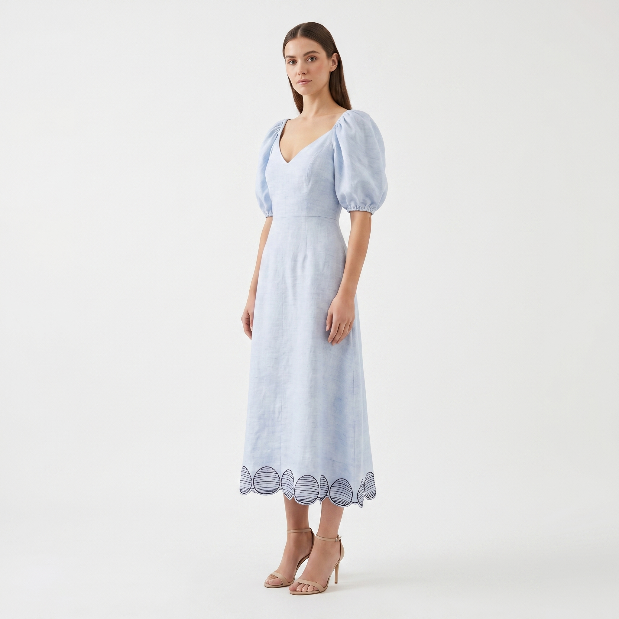 Puff Sleeve Logo Applique Midi Dress