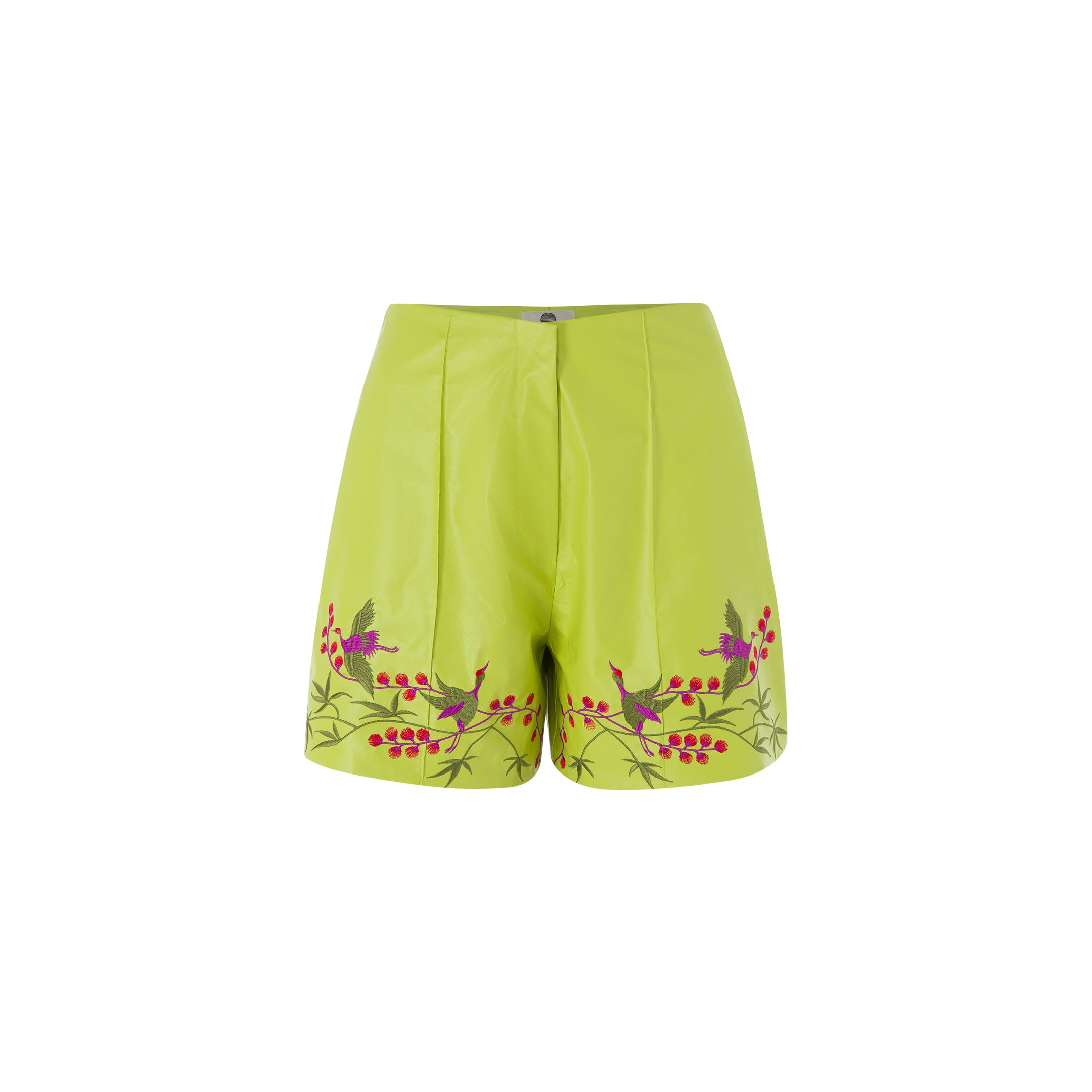 Faux Leather Embroidered Short- Neon Green