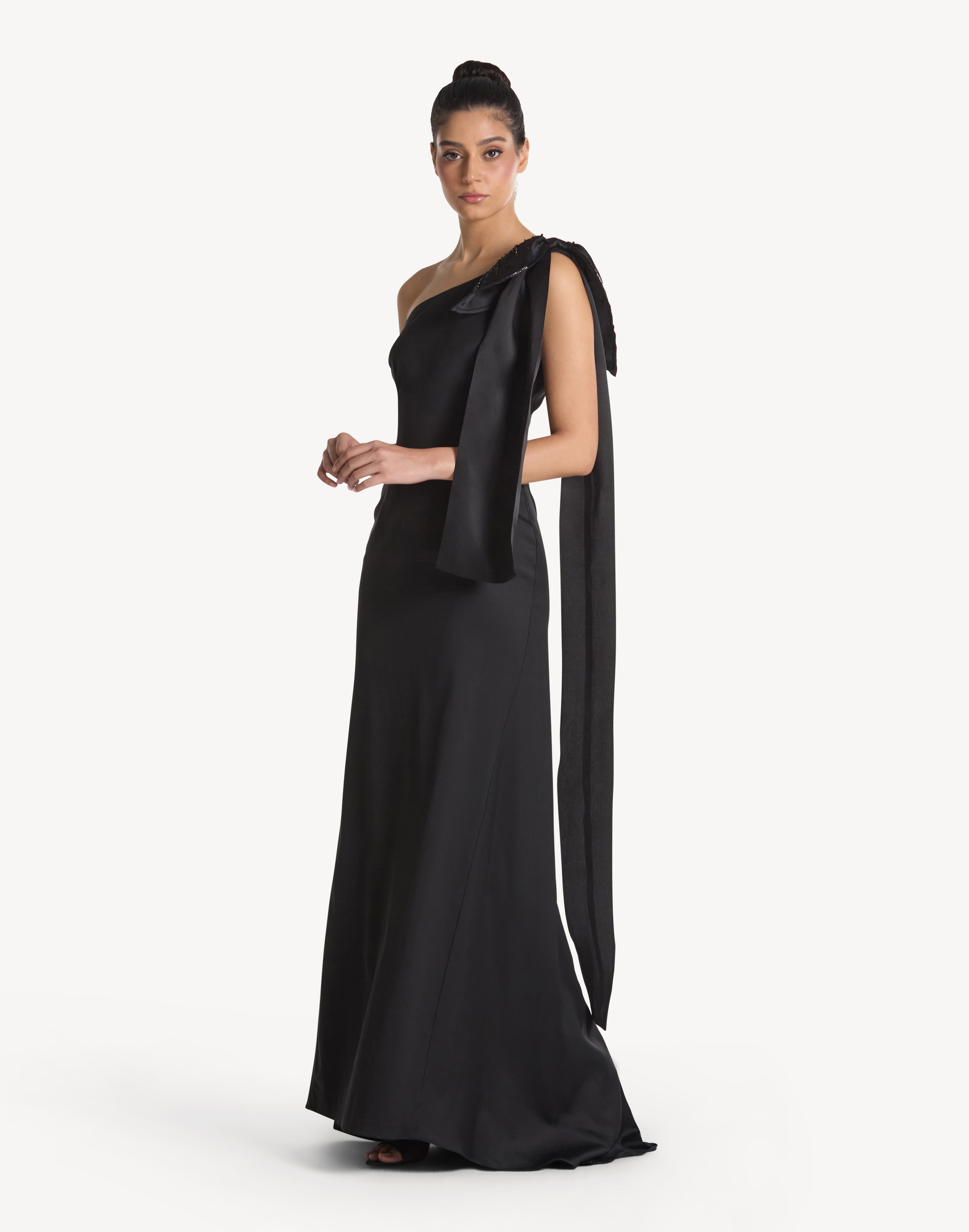 Beaded Leaf Appliqué One Shoulder Bow Dress