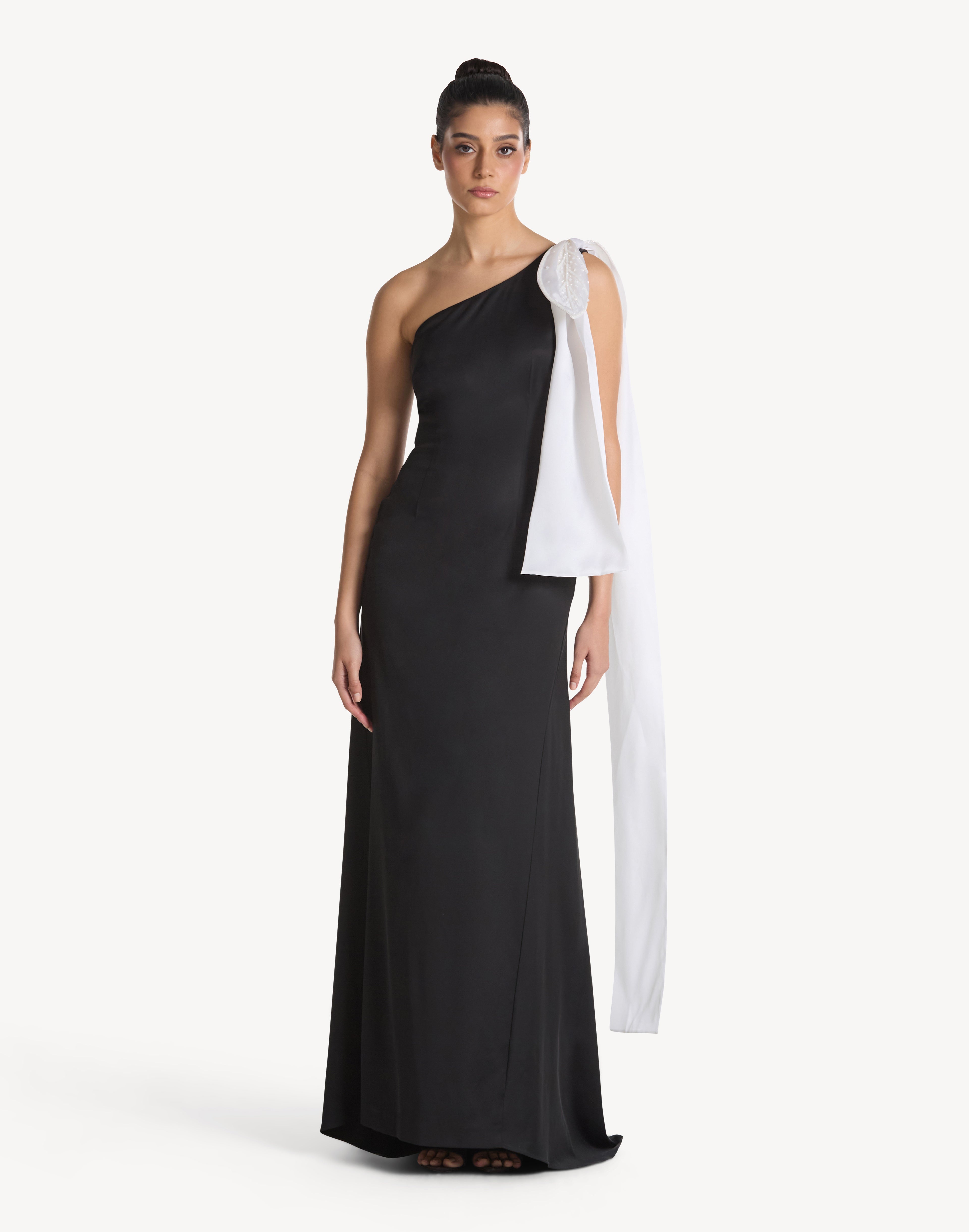 Beaded Leaf Appliqué One Shoulder Bow Dress