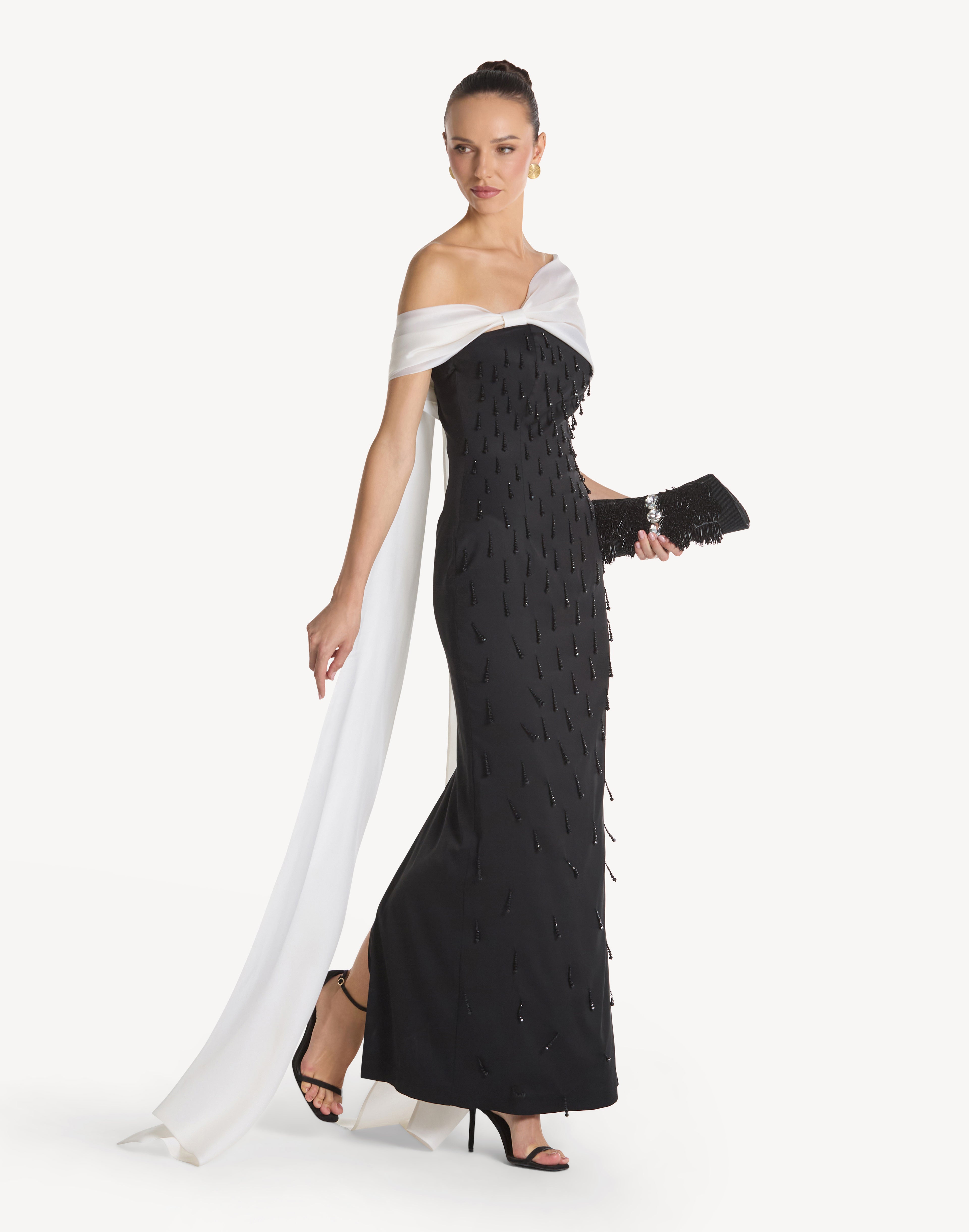 Pearl Embellished Asymmetric Neck Bow Dress