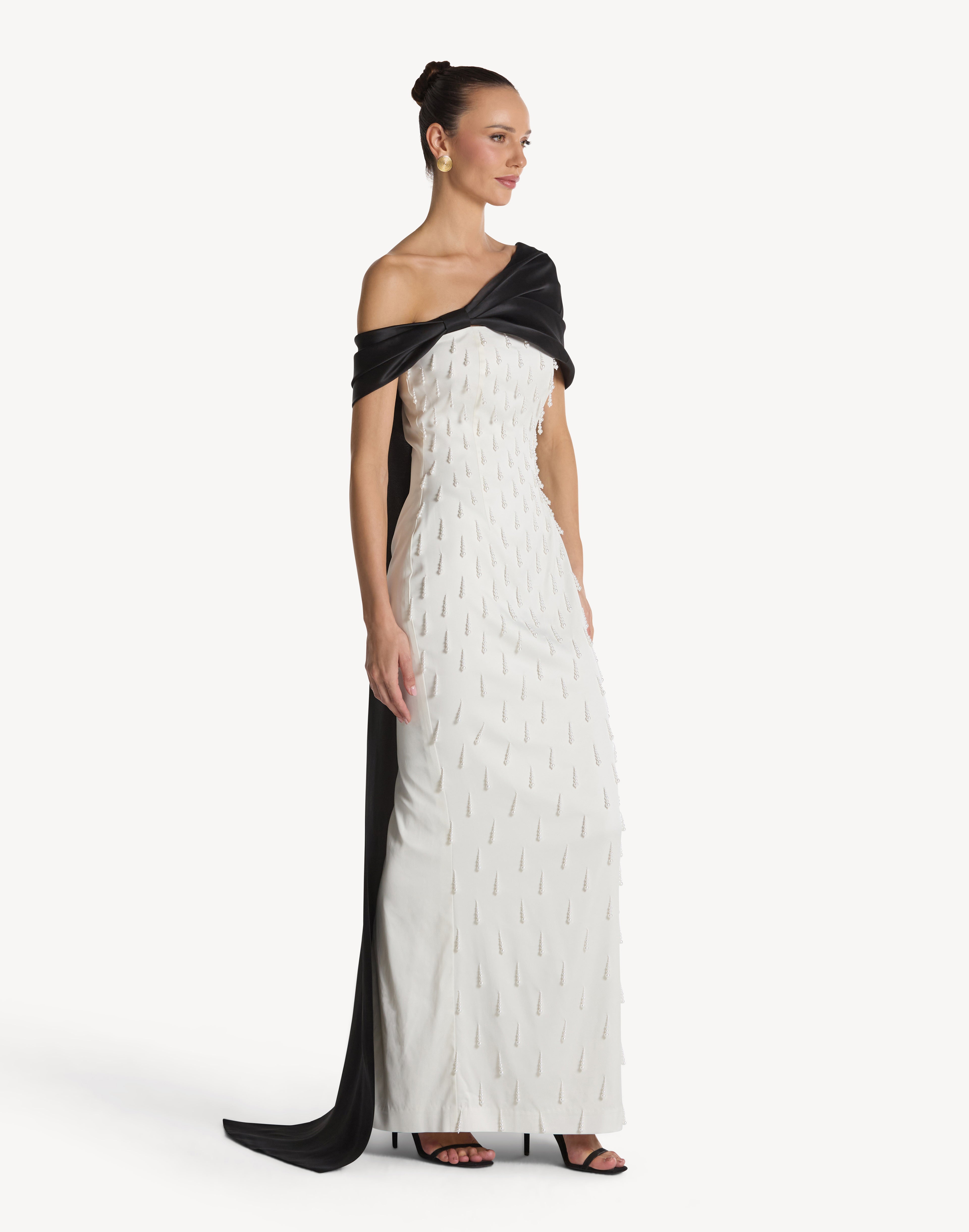 Pearl Embellished Asymmetric Neck Bow Dress