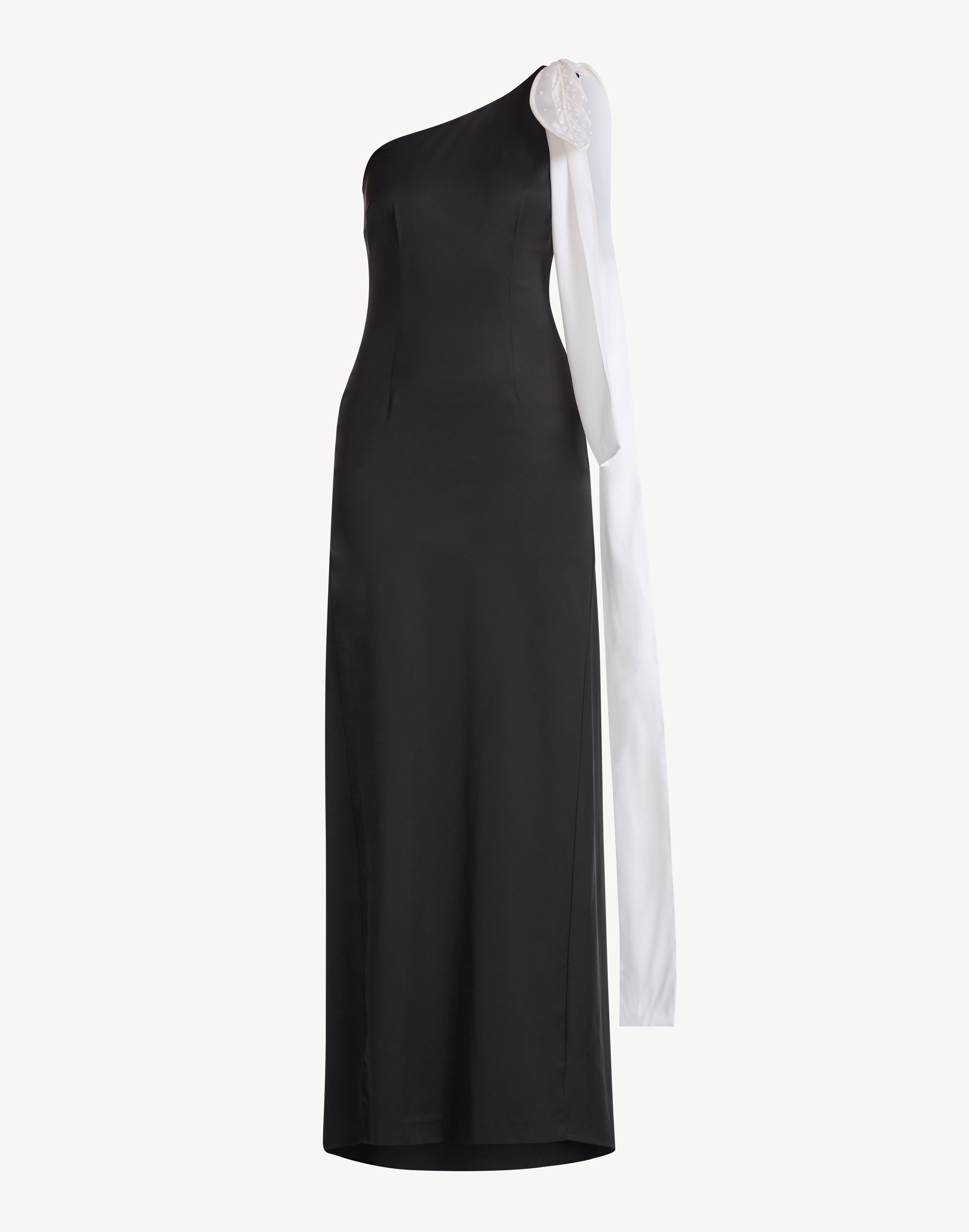 Beaded Leaf Appliqué One Shoulder Bow Dress