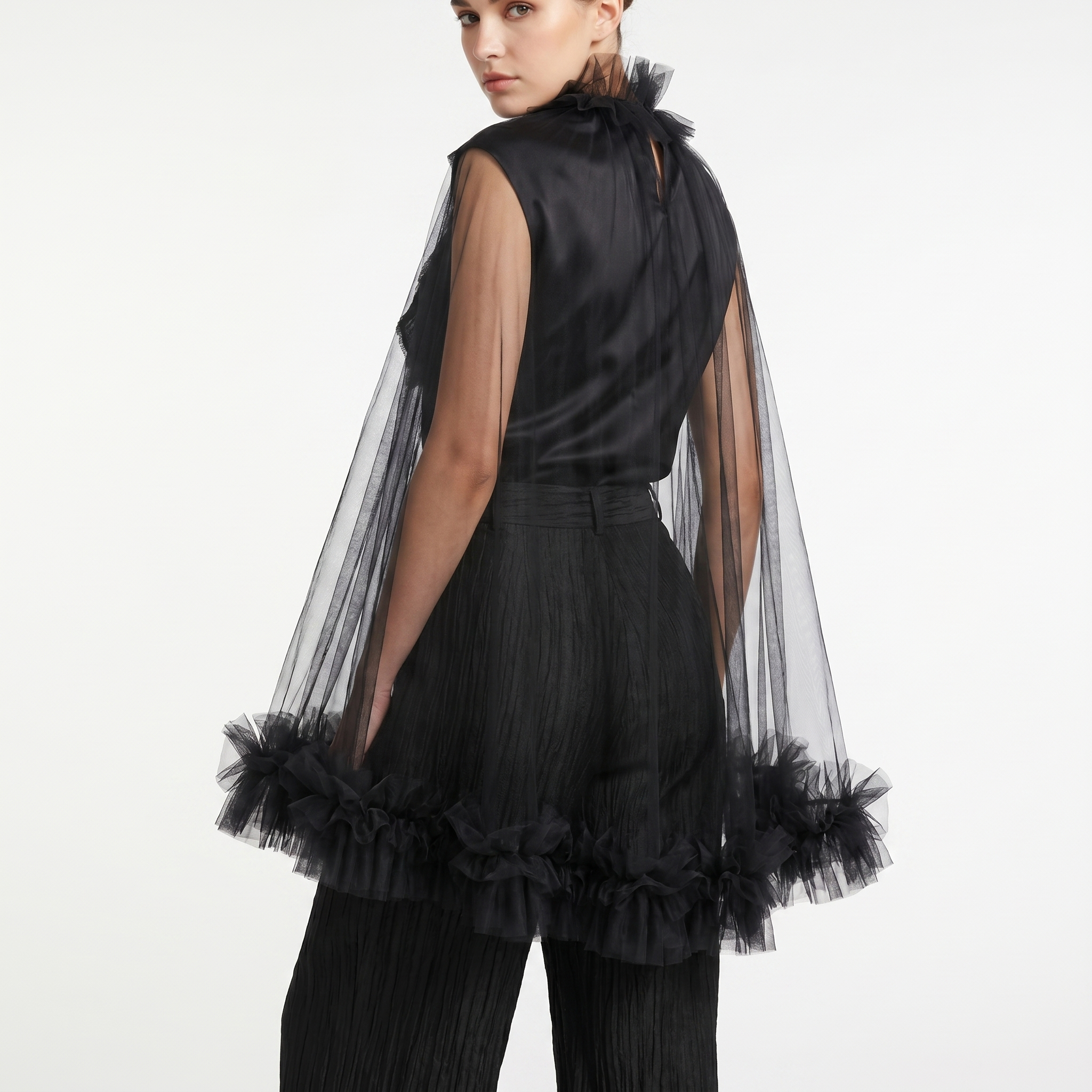 Sheer Ruffled Leaf Applique Tulle Top