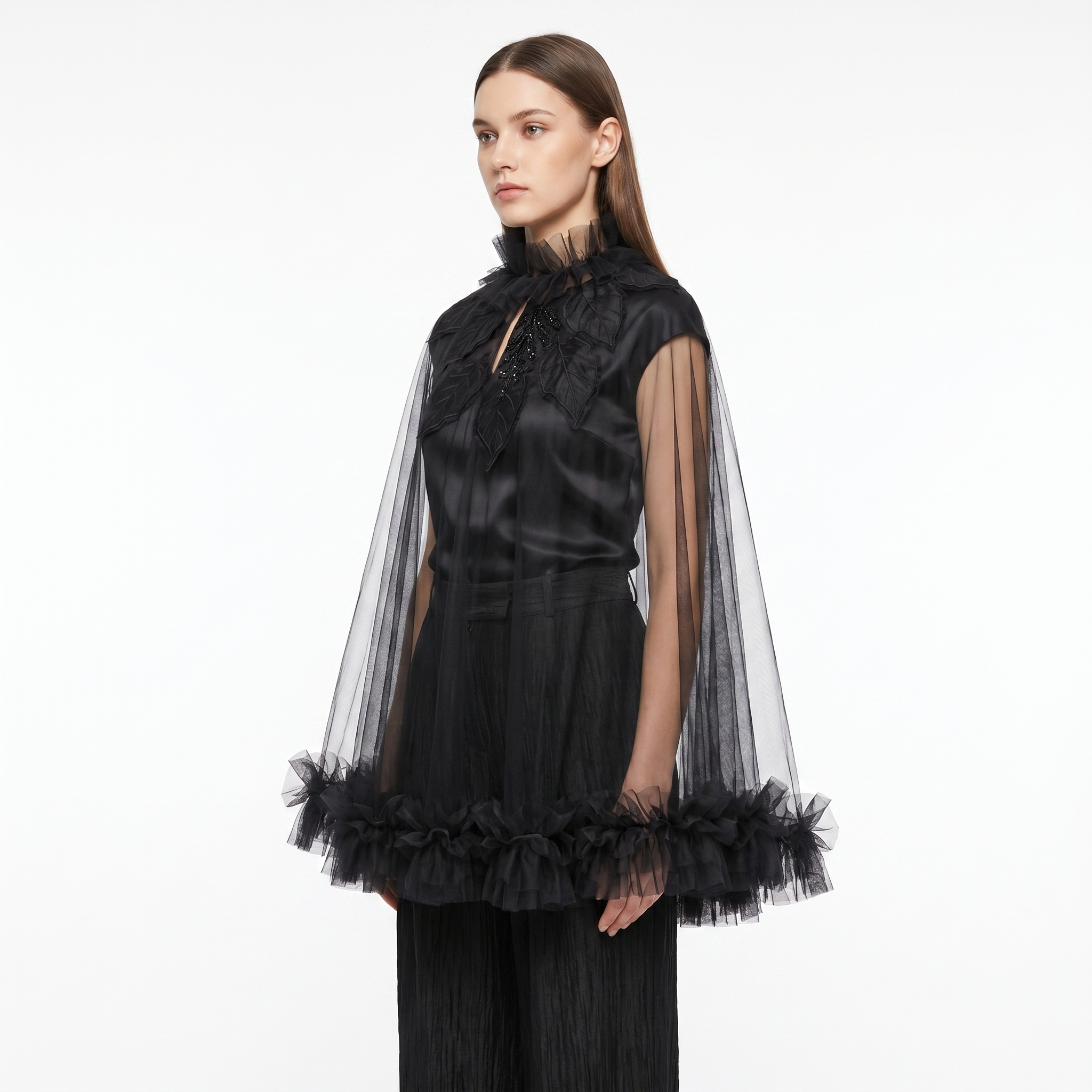 Sheer Ruffled Leaf Applique Tulle Top