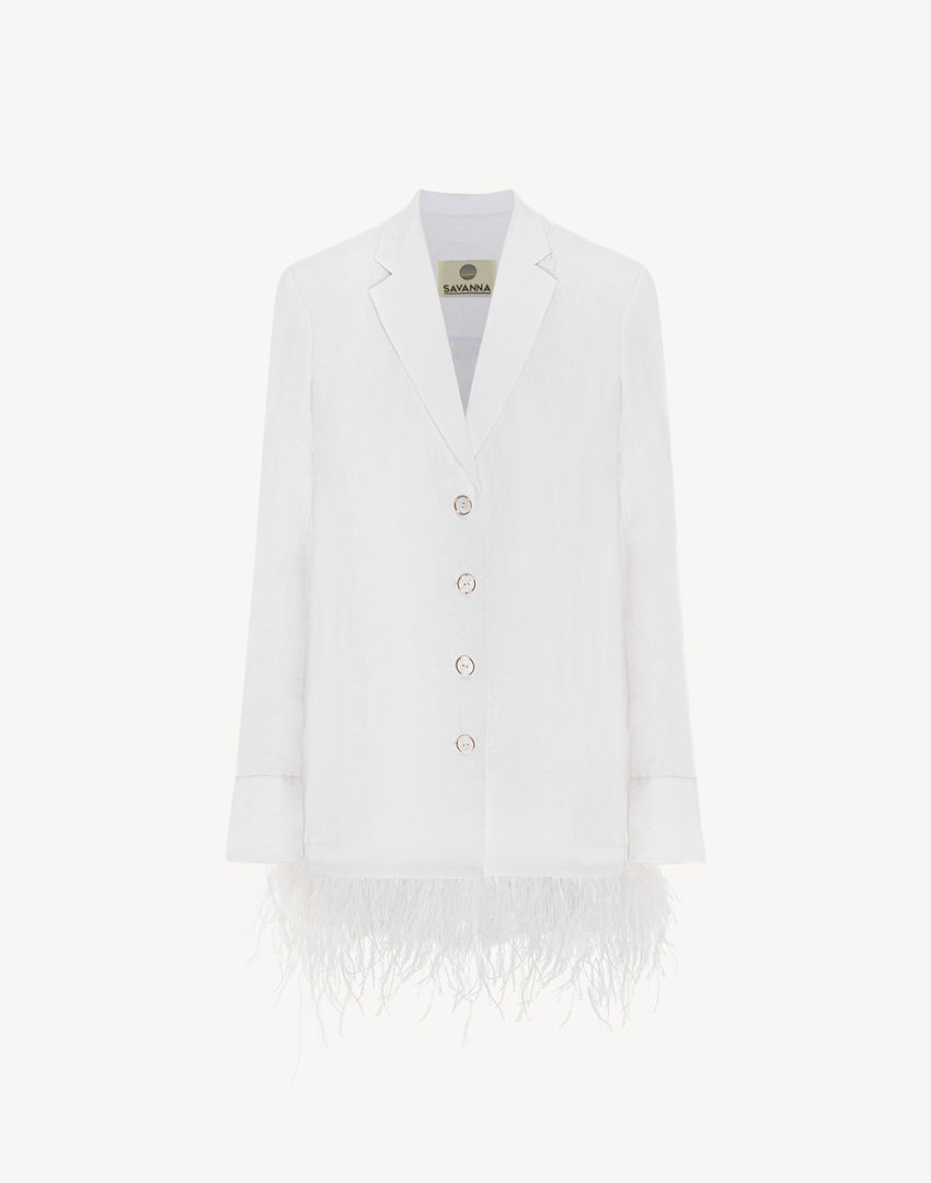 Feather-trimmed Long Sleeve Jacket - White