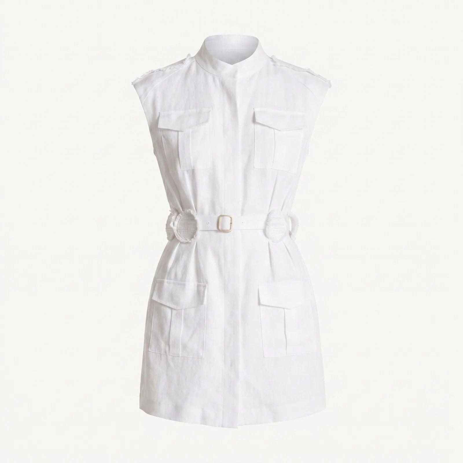Hemp Mandarin Collar Sleeveless Safari Jacket