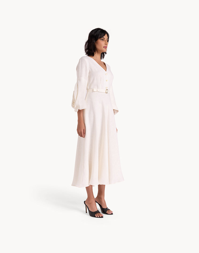 Linen Draped Sleeve Dress  - White
