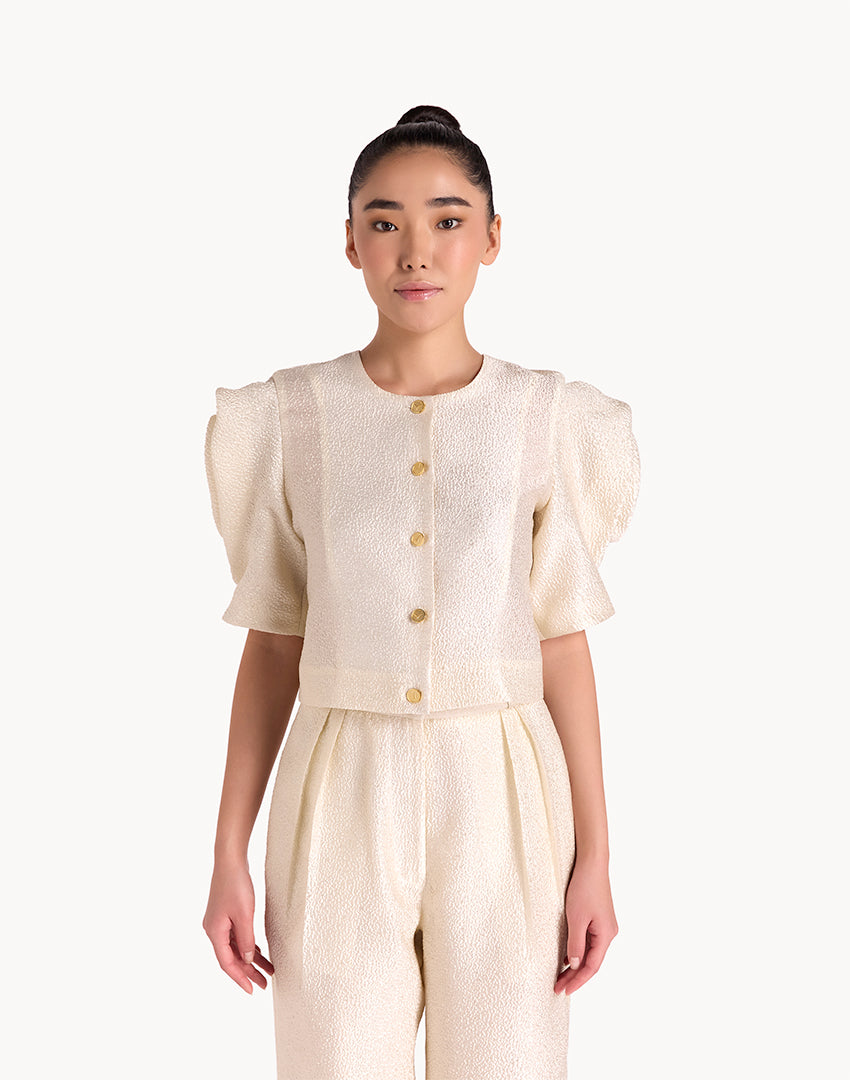 Silk Brocade Floral Draped Sleeve Blouse