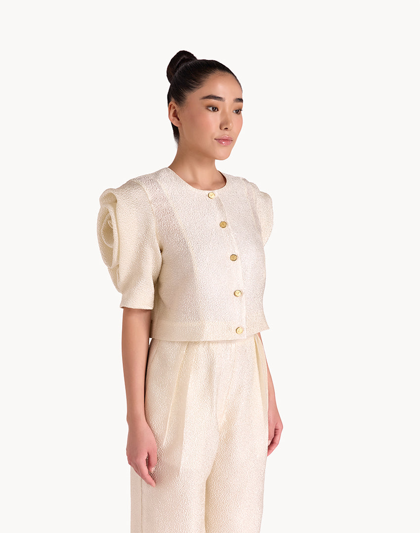 Silk Brocade Floral Draped Sleeve Blouse