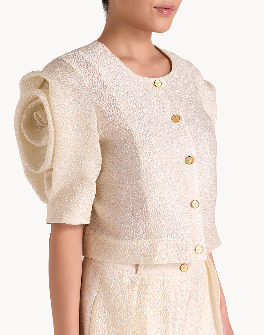 Silk Brocade Floral Draped Sleeve Blouse