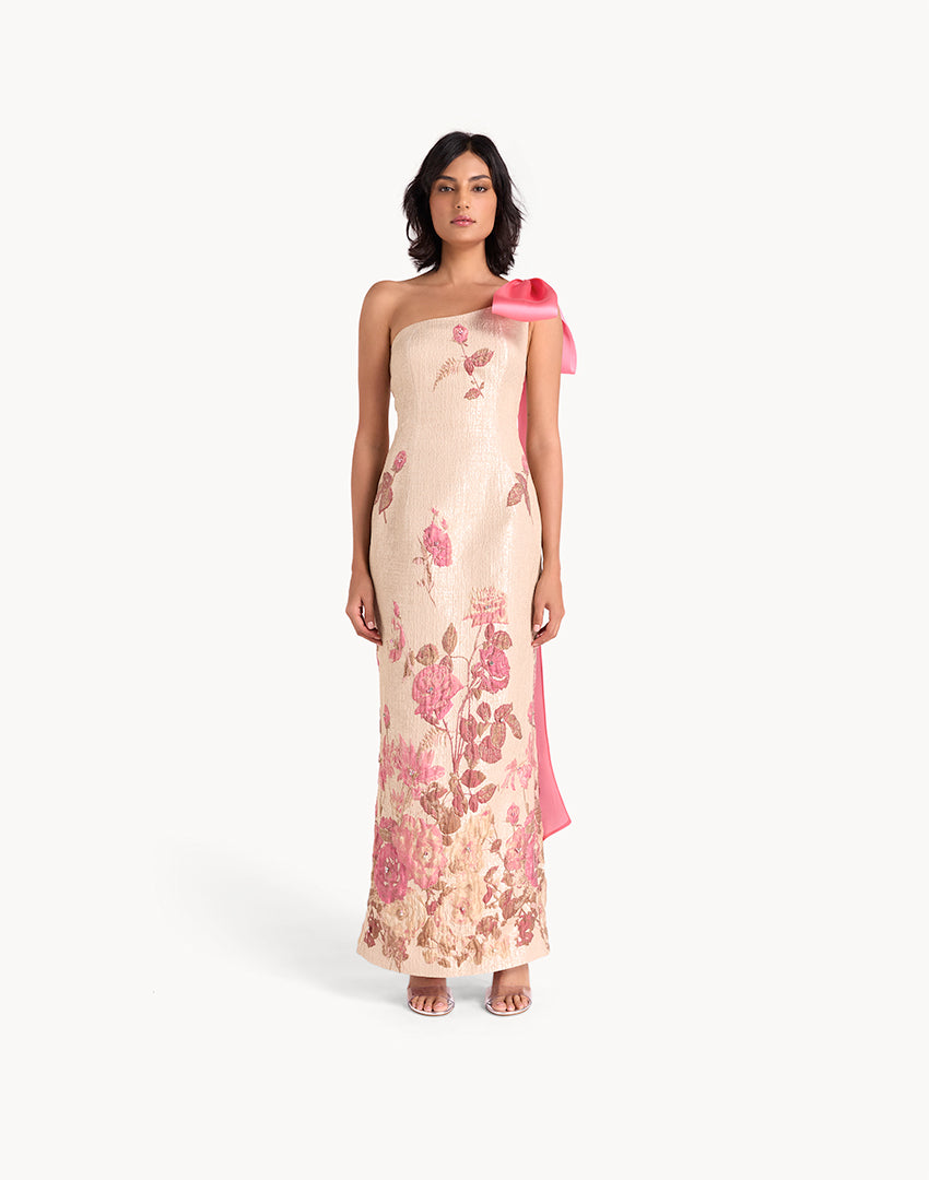 Brocade Crystal Embellished Maxi Bow Dress - Pink