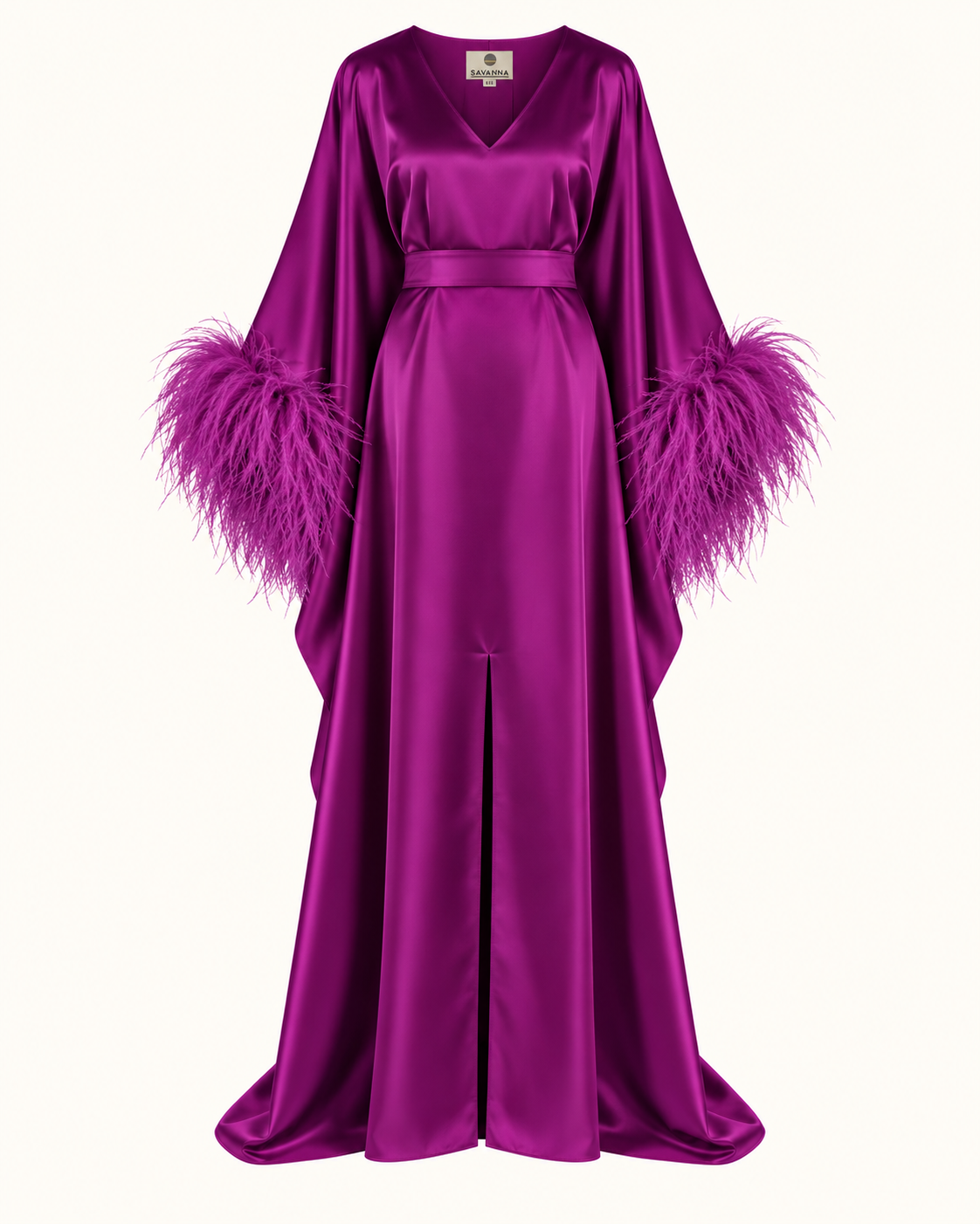 Feather-Trimmed Belted Crepe Kaftan