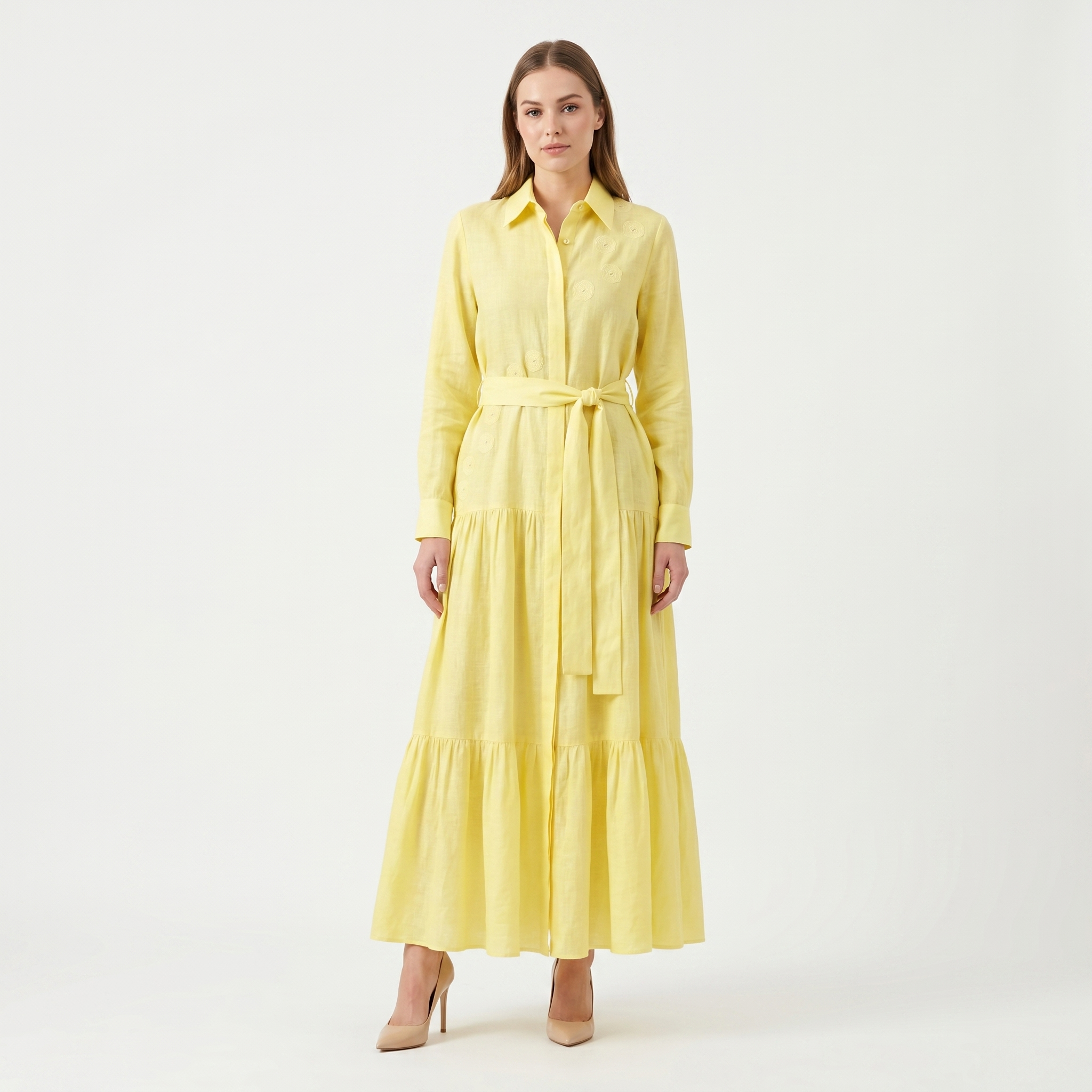 Rose Embroidered Belted Maxi Dress