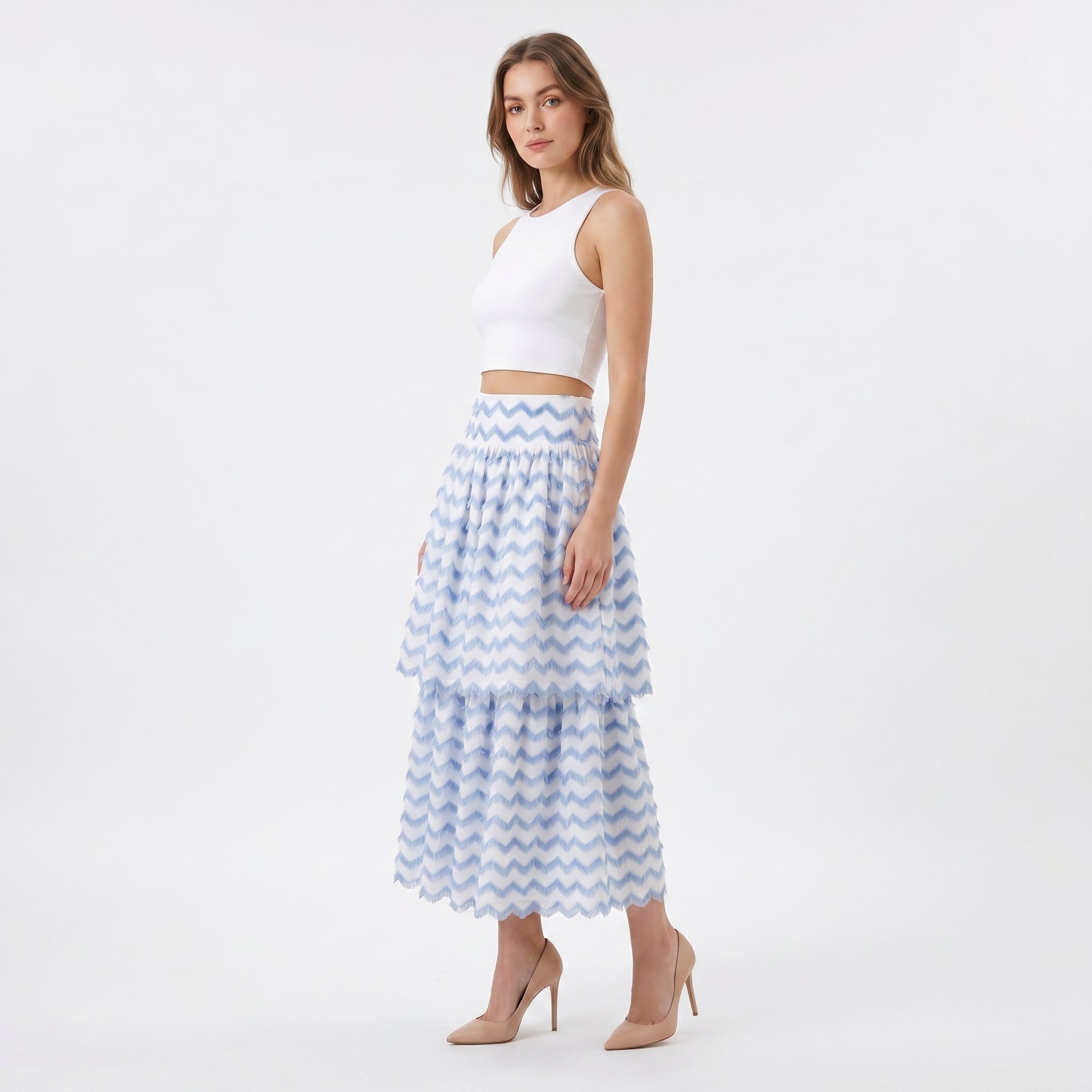 Chevron Fringe High-Waisted Midi Skirt