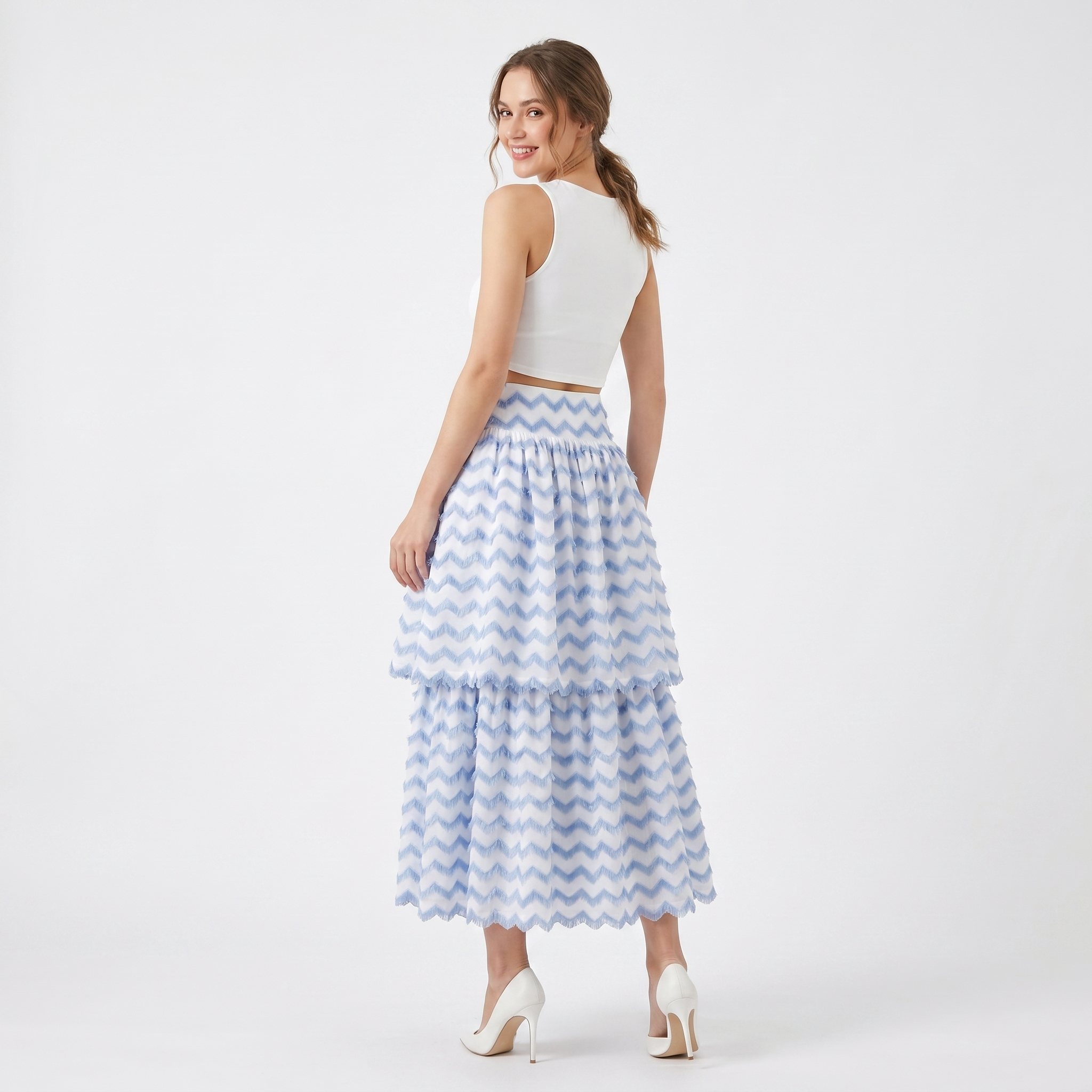 Chevron Fringe High-Waisted Midi Skirt