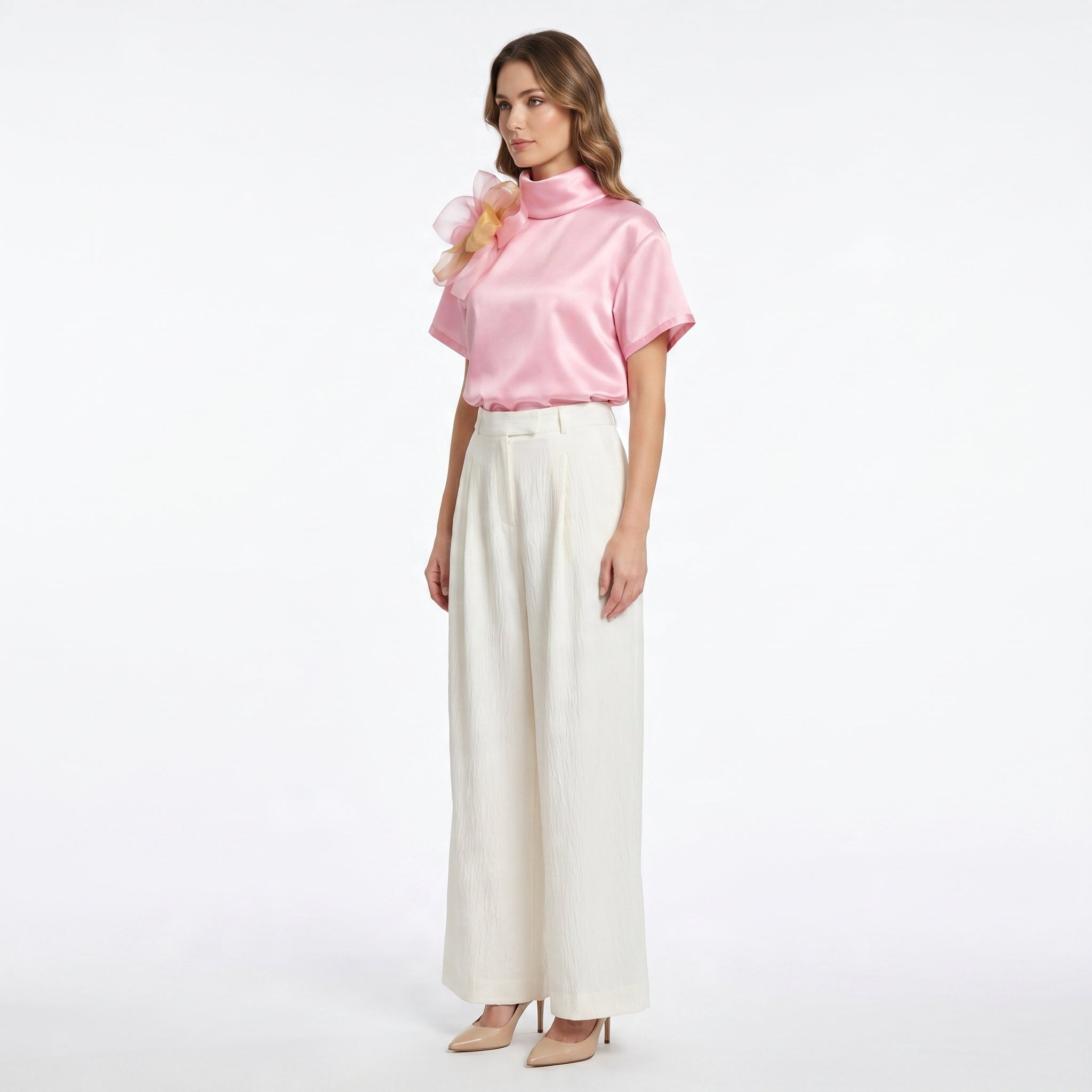 Fleur d’Épaule High-Neck Silk Blouse