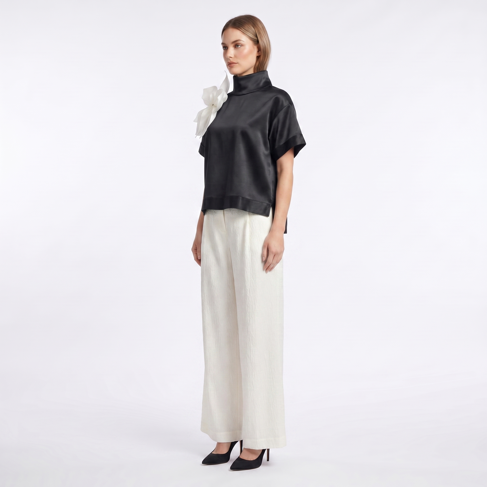 Fleur d’Épaule High-Neck Silk Blouse