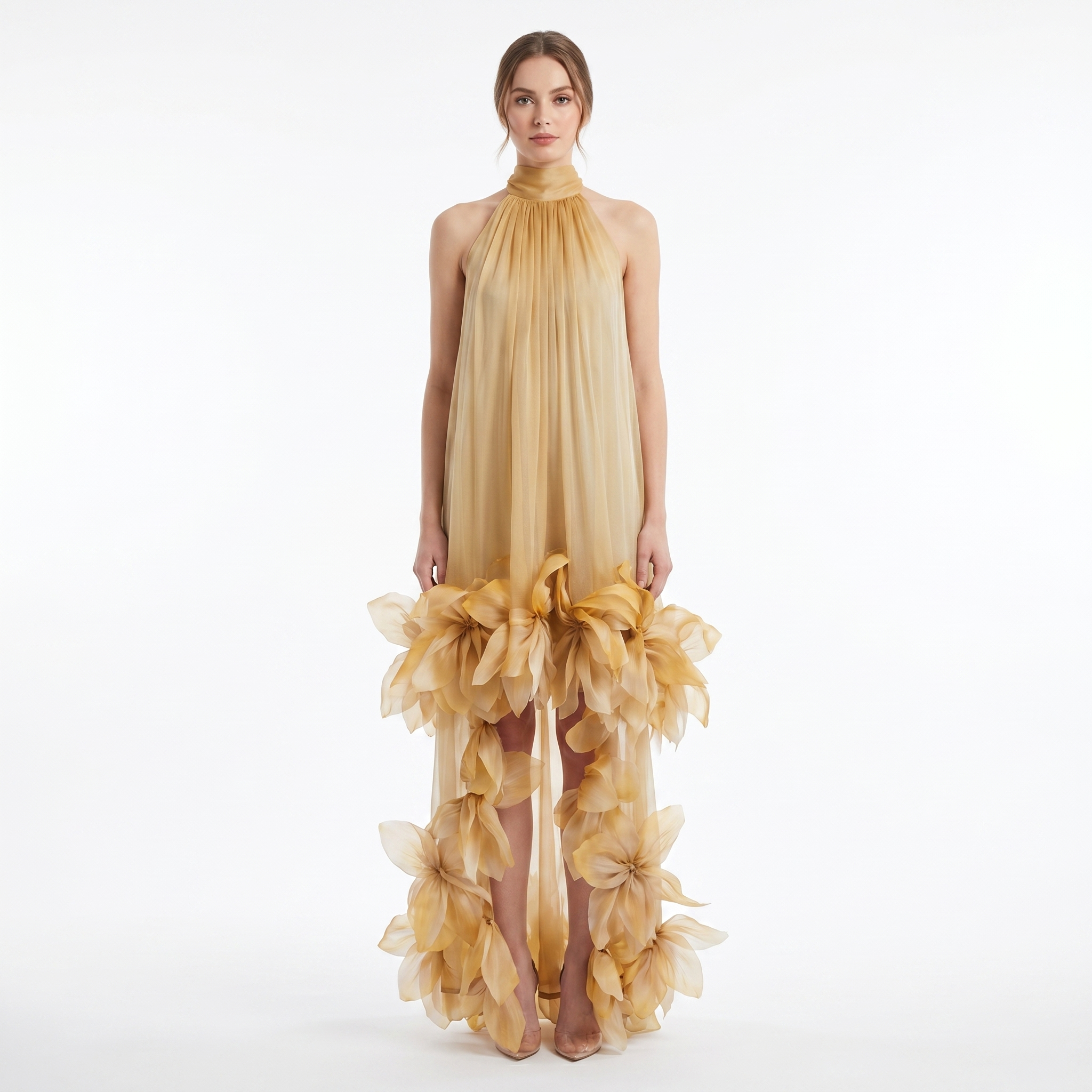 Silk Fleurs High-Low Halterneck Dress