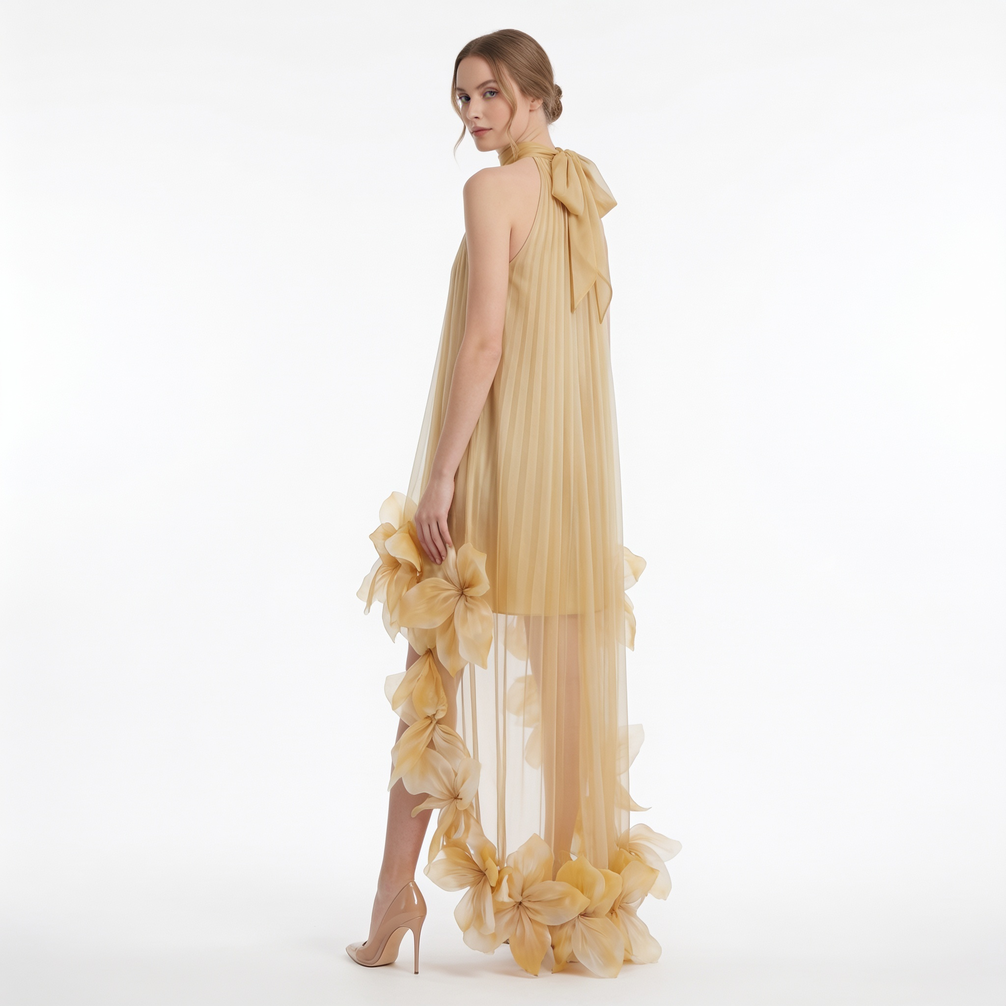Silk Fleurs High-Low Halterneck Dress
