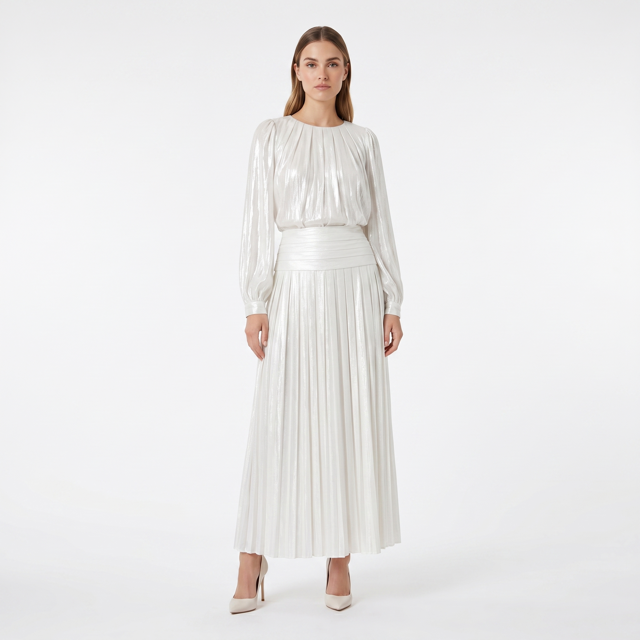 Shimmer High-Waisted Pleated Maxi Skirt