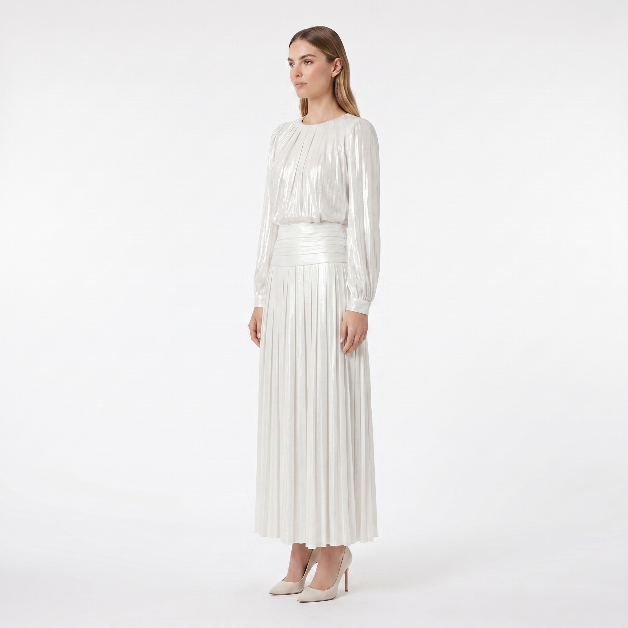 Shimmer High-Waisted Pleated Maxi Skirt