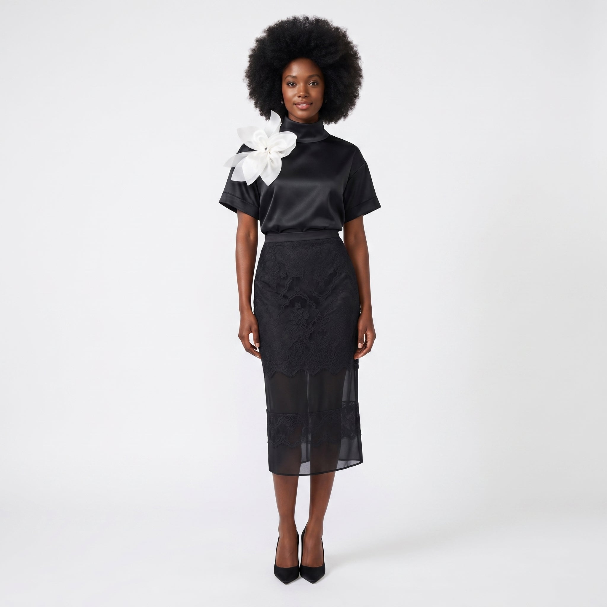 Lace Detail Silk Pencil Skirt