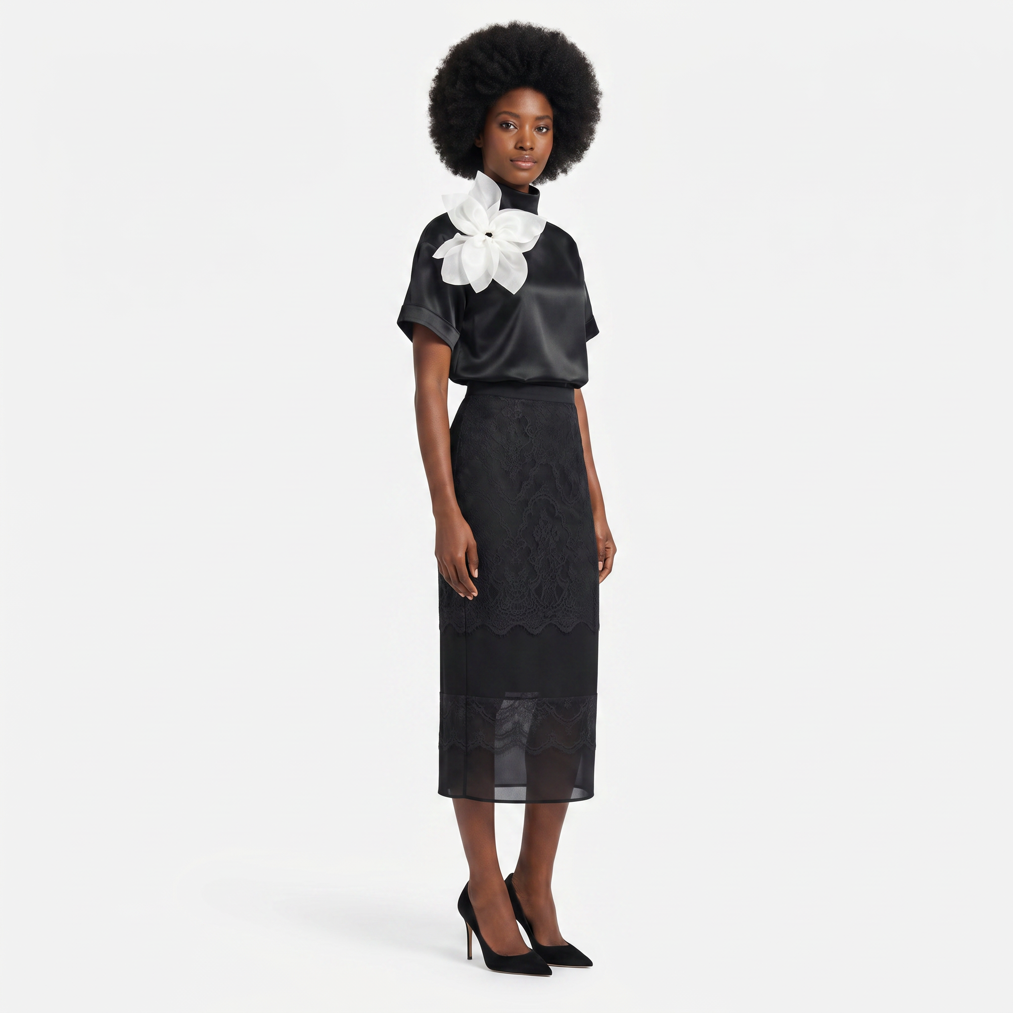 Lace Detail Silk Pencil Skirt