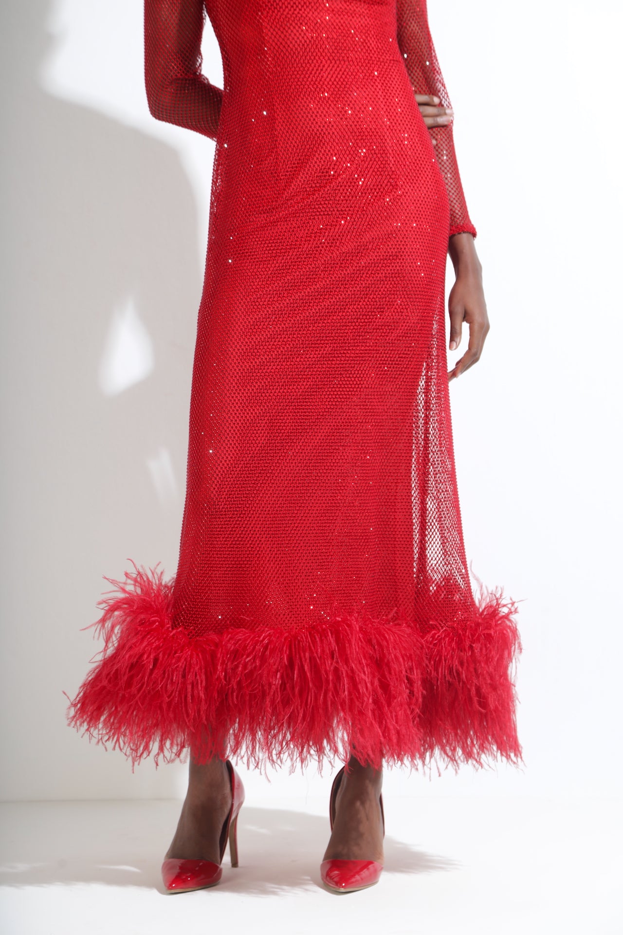Feather-trimmed Crystal Embellished A-line Dress